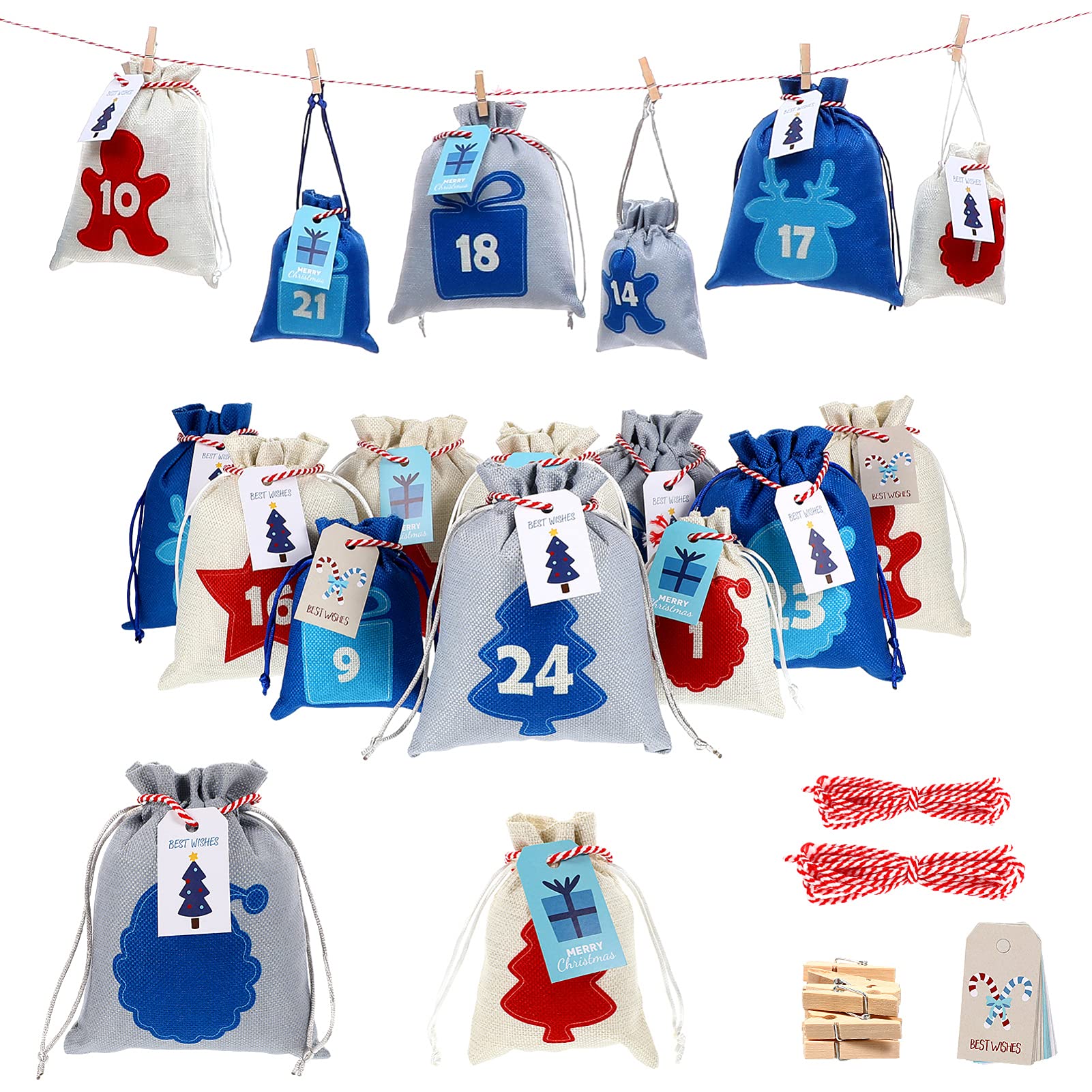 Cabilock Kordelzug-Taschen, 26 Stück/Set, dekorative Countdown-Taschen, Weihnachts-Adventskalender, kreative Weihnachts-Hängetaschen, Weihnachtsbaumschmuck