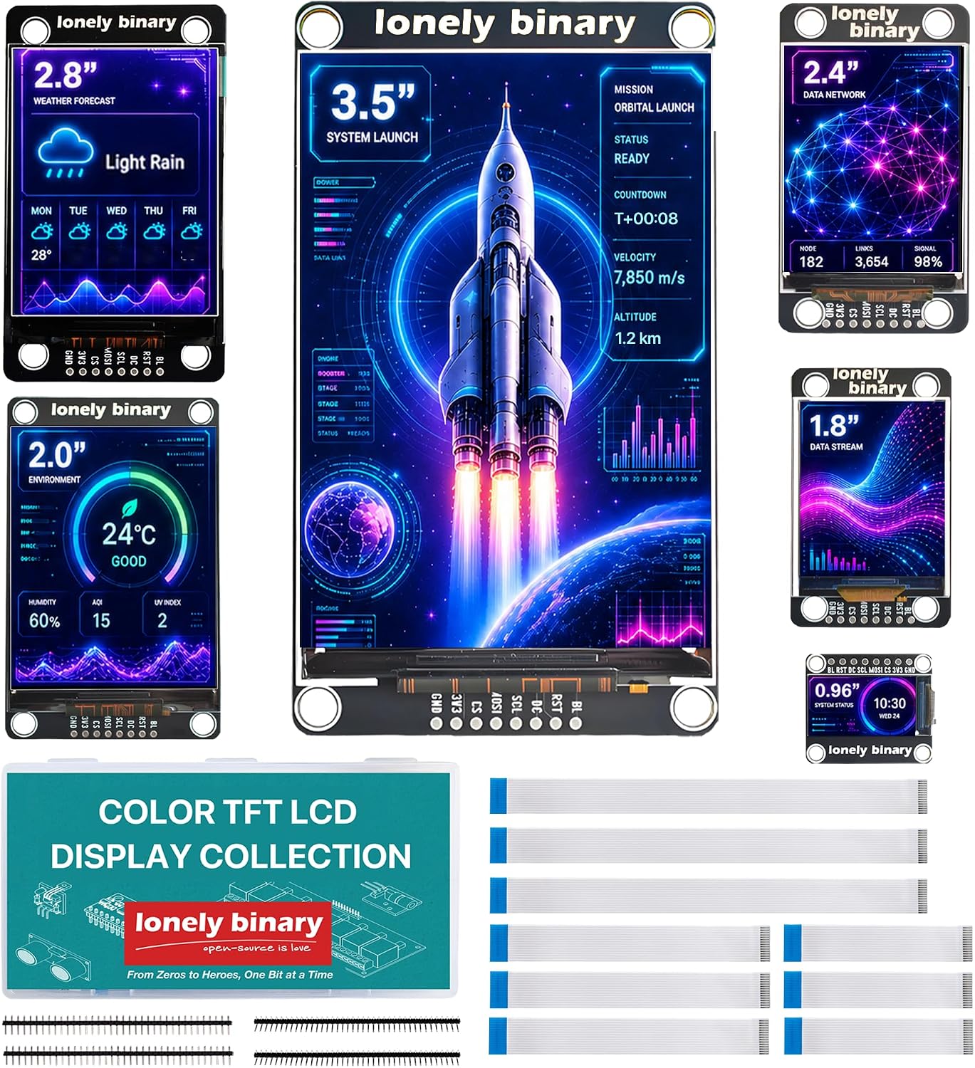 Lonely Binary 6-Pack SPI TFT LCD Display Kit 0.96"-3.5" for 3.3V MCUs | 9 no-solder FPC cables, pin headers & case; color screens for ESP32, Raspberry Pi Pico & STM32; Tutorials included