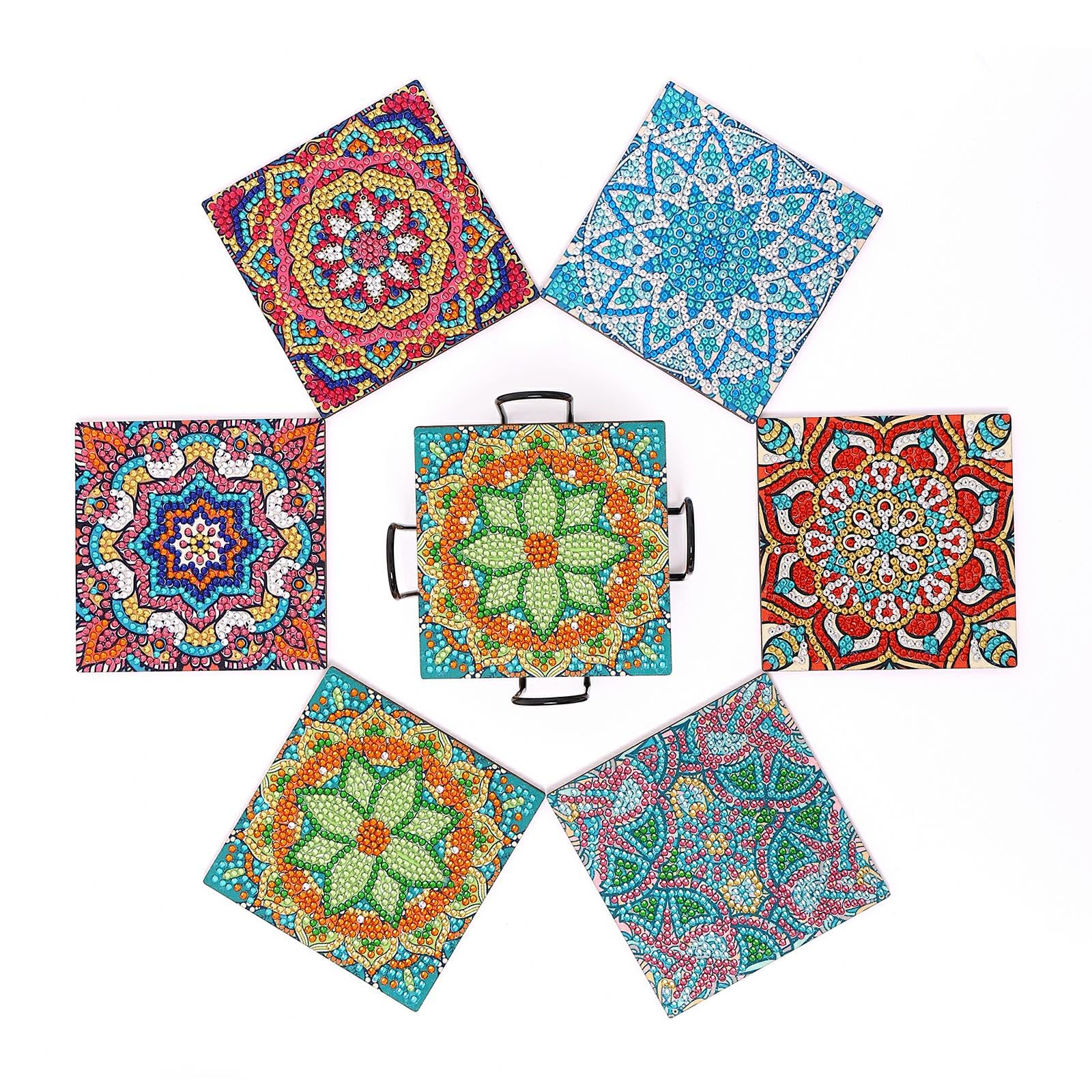 WOWDECOR DIY Diamond Art Coasters to Make Set of 6 with Holder, 5D Mandala Diamond Painting Coasters Kits Crystal Art for Car Cups Drinks Home Bar