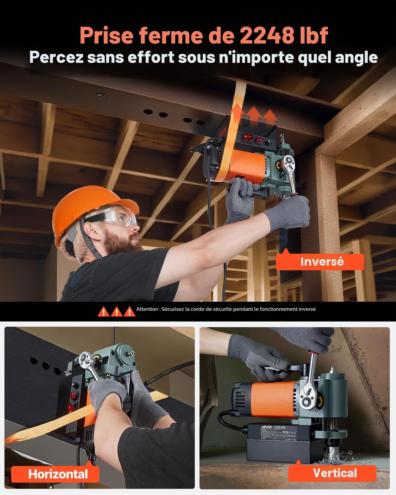 VEVOR Perceuse Magnétique à Profil Bas 1300 W, Perceuse à Colonne Portable, Force 10000 N, Vitesse 650 tr/min, Diamètre d'Alésage de 35 mm, avec Tige Weldon, pour Surfaces Métalliques, Rénovation