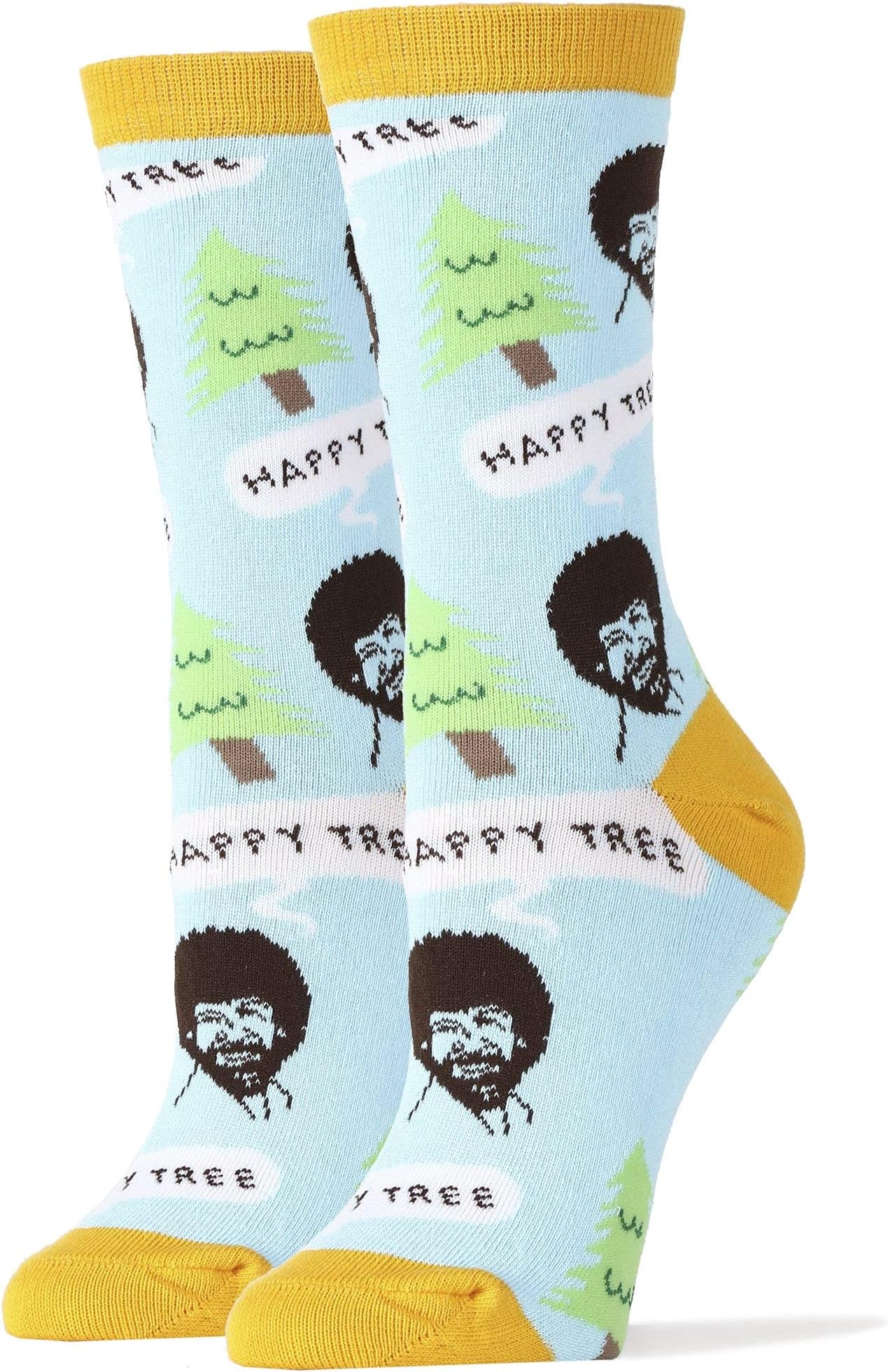 Women's Novelty Funny Bob Ross Crew Socks, Holiday Crazy Fun Dress Socks, Fits Shoe Size 5-10