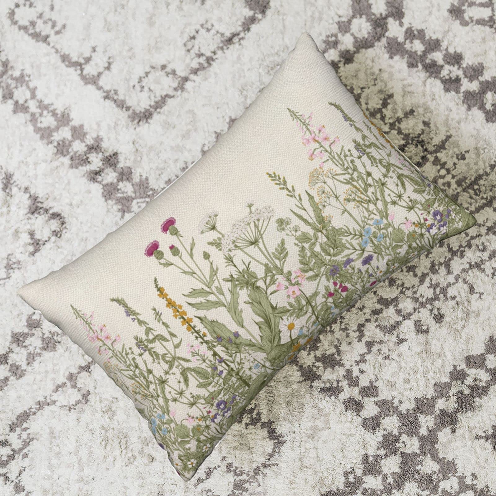 Set Di 2 Federe Per Cuscini Lombari 30x50 Cm Con Motivo Fiori Selvatici E Foglie Di Salvia - Decorative Per Divano, Soggiorno, Camera Da Letto