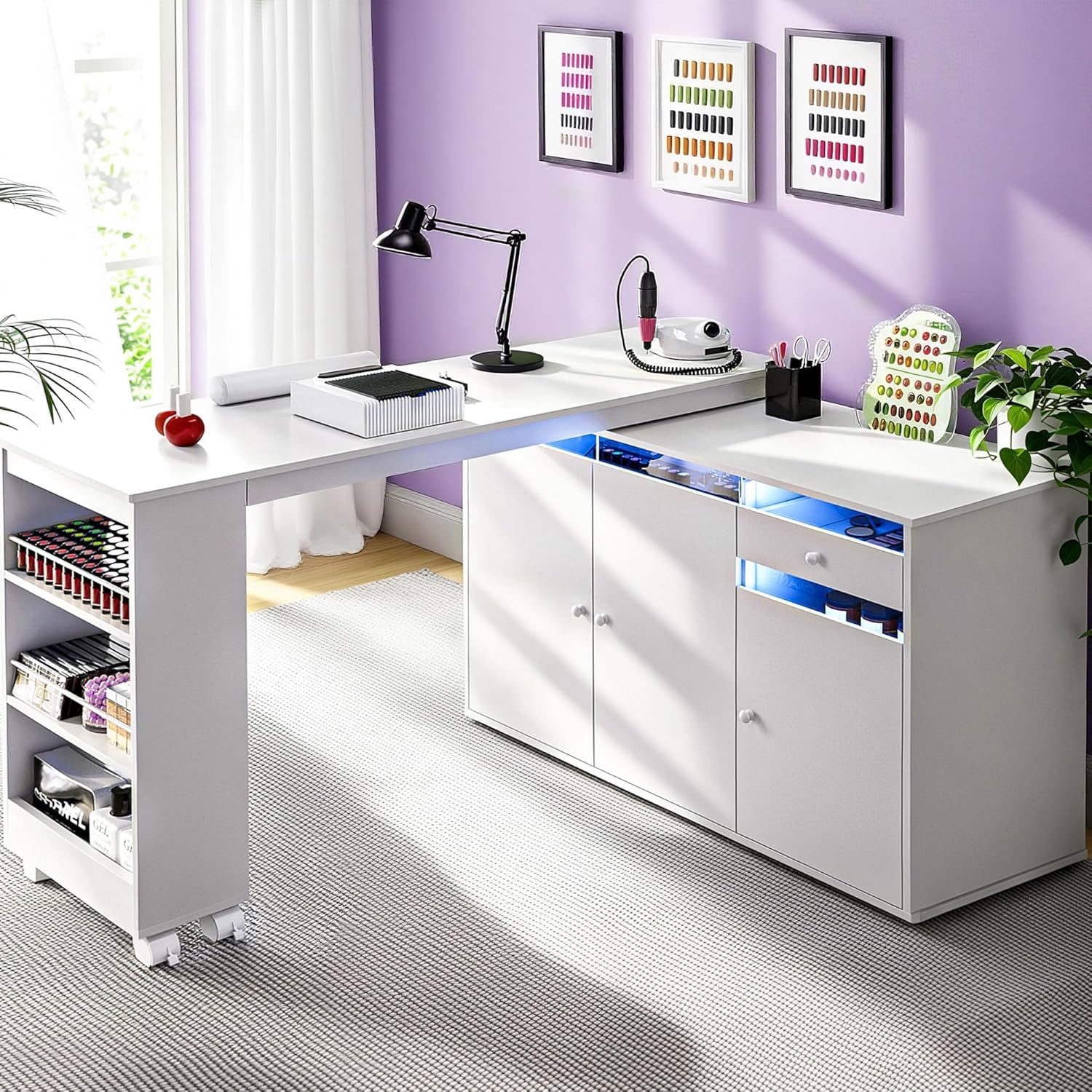 MoraRise L-Shaped Manicure Table, Nail Tech Desk with Storage Cabinet, Drawer, Rotating & Convertible Nail Workstation with LED Light, White
