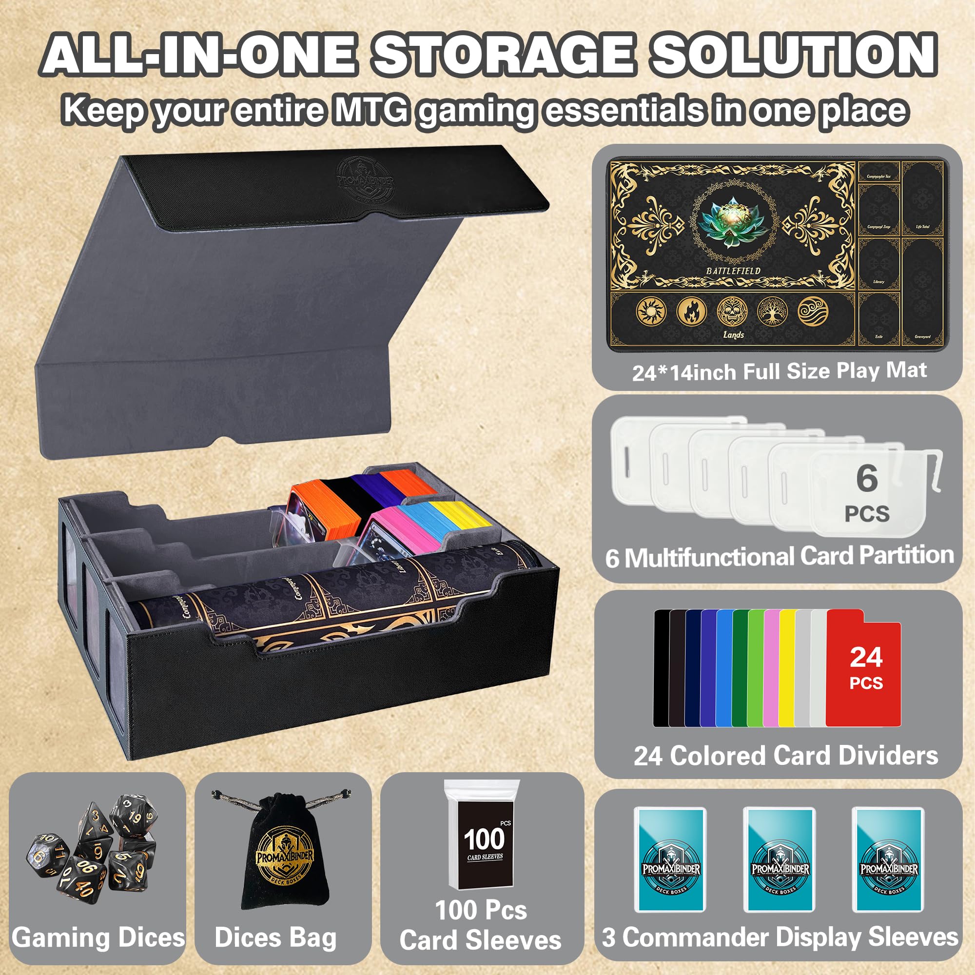 PROMAXIBINDER MTG Trading Card Storage Box with Playmat Fits 3000+ Cards, 3-Row Commander Deck Case, 3 Display Windows, 6 Movable Partitions, 24 Dividers, for Magic/TCG/YuGiOh/Sport (Black&Grey)