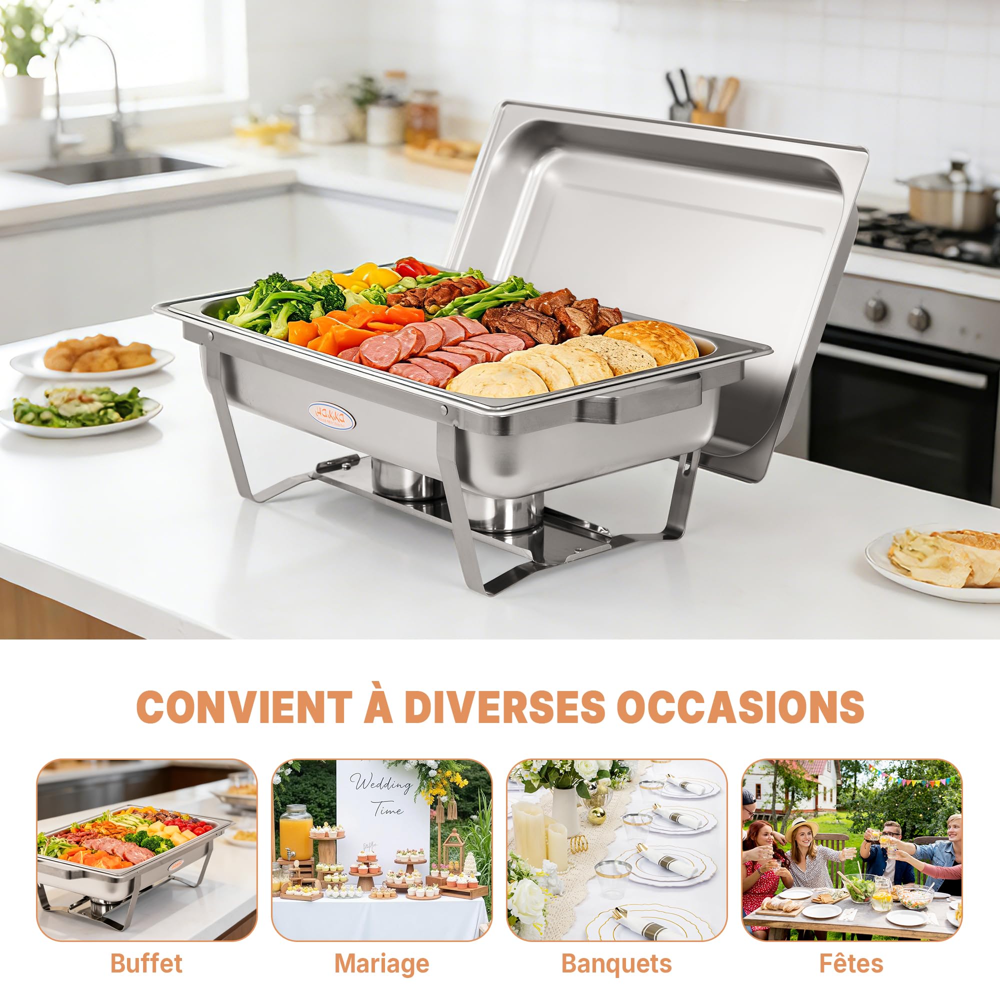 Hakka Lot de 4 Chafing Dish Rectangulaire Buffets Chauffants 9,5L chauffe-plats professionnel avec 4 bacs, chauffe-plats en acier inoxydable avec couvercle, réservoir à combustible, cadre pliable, pou