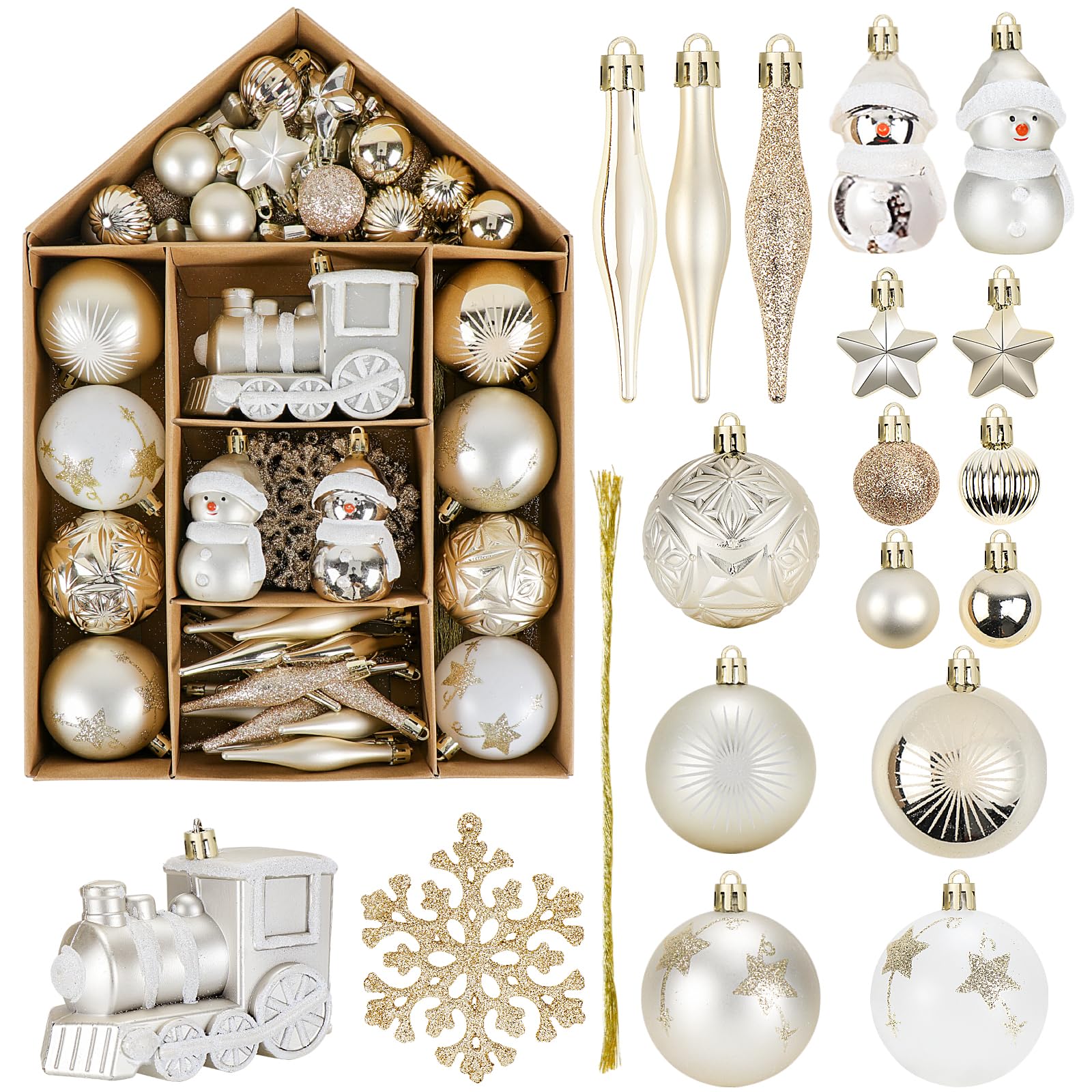 Hysagtek Shatterproof Christmas Tree Ornaments Set, 70 Pcs White Gold Assorted Christmas Balls Ornaments for Christmas Tree Decorations Christmas Baubles for Holiday Party Decoration