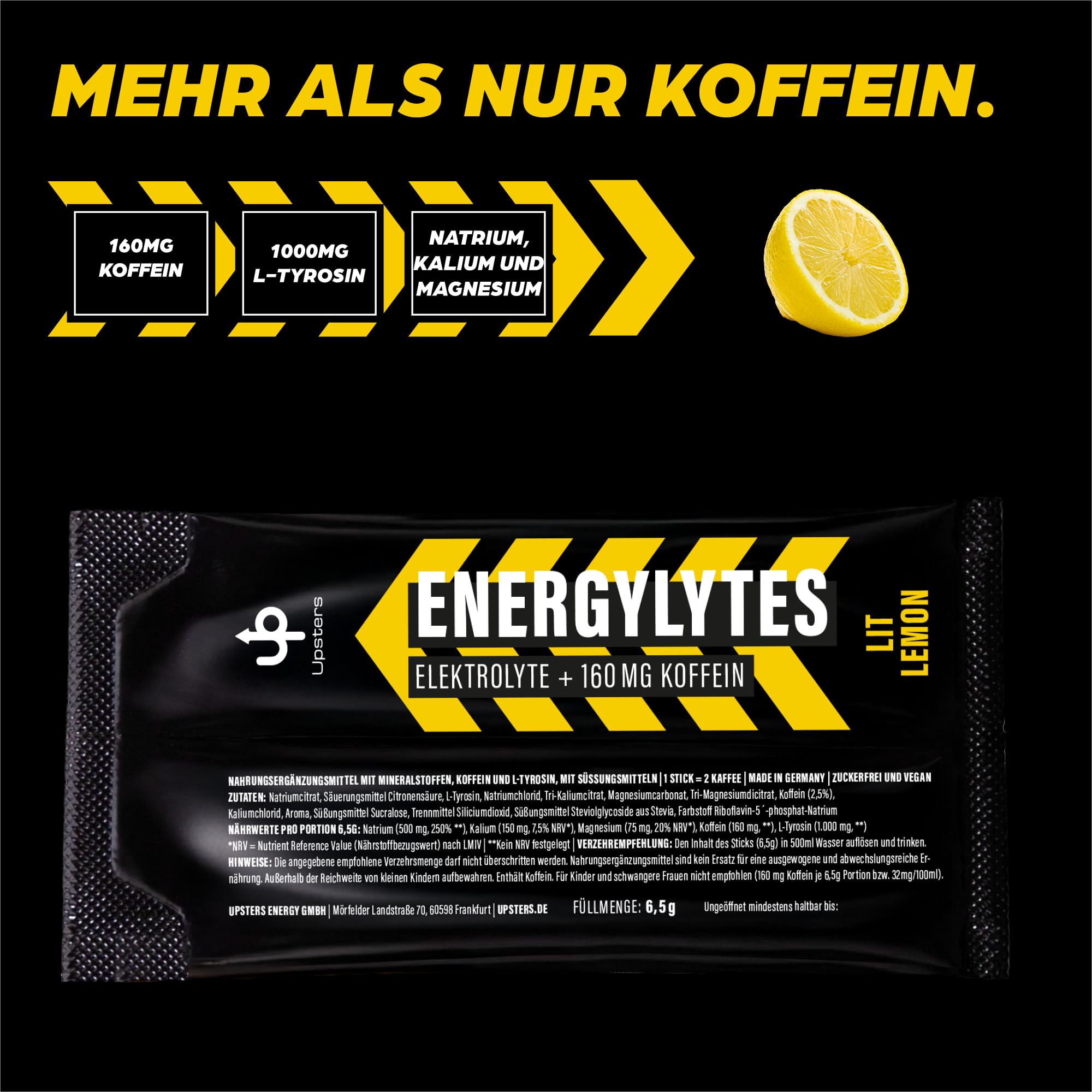 Upsters Energylytes Lit Lemon | Elektrolyt Pulver mit 160 mg Koffein & L-Tyrosin | Zuckerfrei | Hydration & Fokus | Für Sport, Arbeit & aktive Tage | 30 Portionen