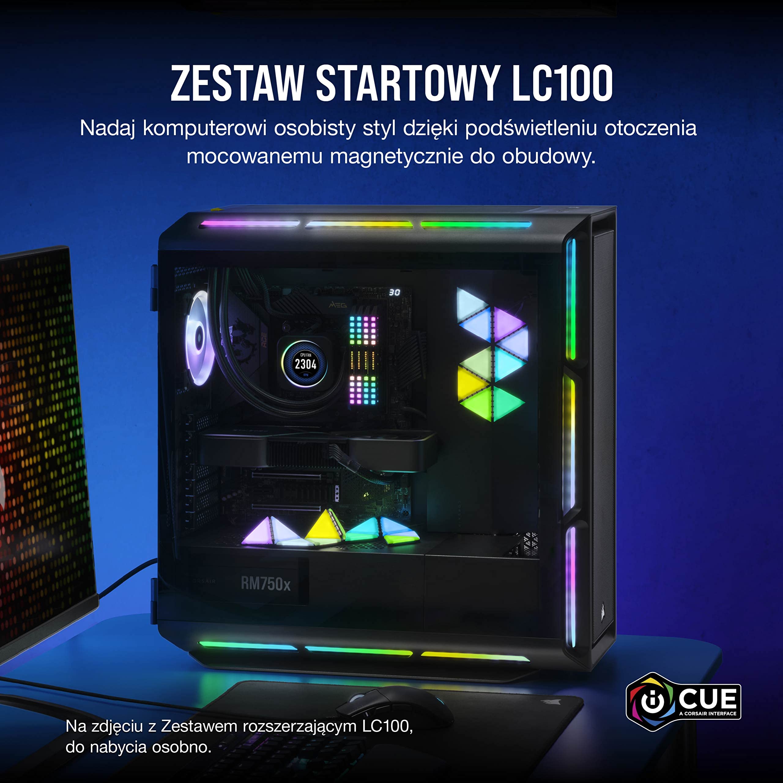 Corsair iCUE LC100 – Panele podświetlające na obudowę – minitrójkąt – zestaw startowy z 9 płytkami (81 diod RGB LED z rozpraszającą światło, CORSAIR iCUE Lighting Node PRO w zestawie) Przejrzysty