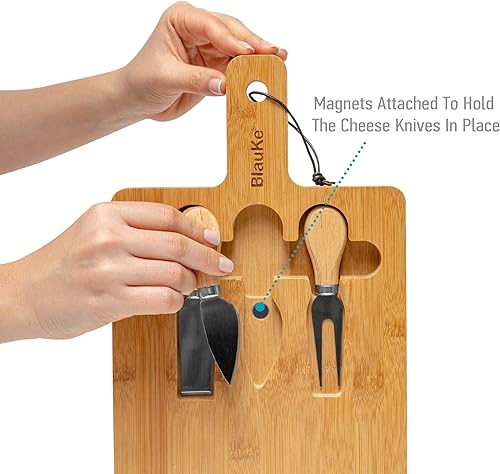 Miniatura 8 de BlauKe - Tabla de queso de bambú con cubiertos (incluye 3 cuchillos de queso)