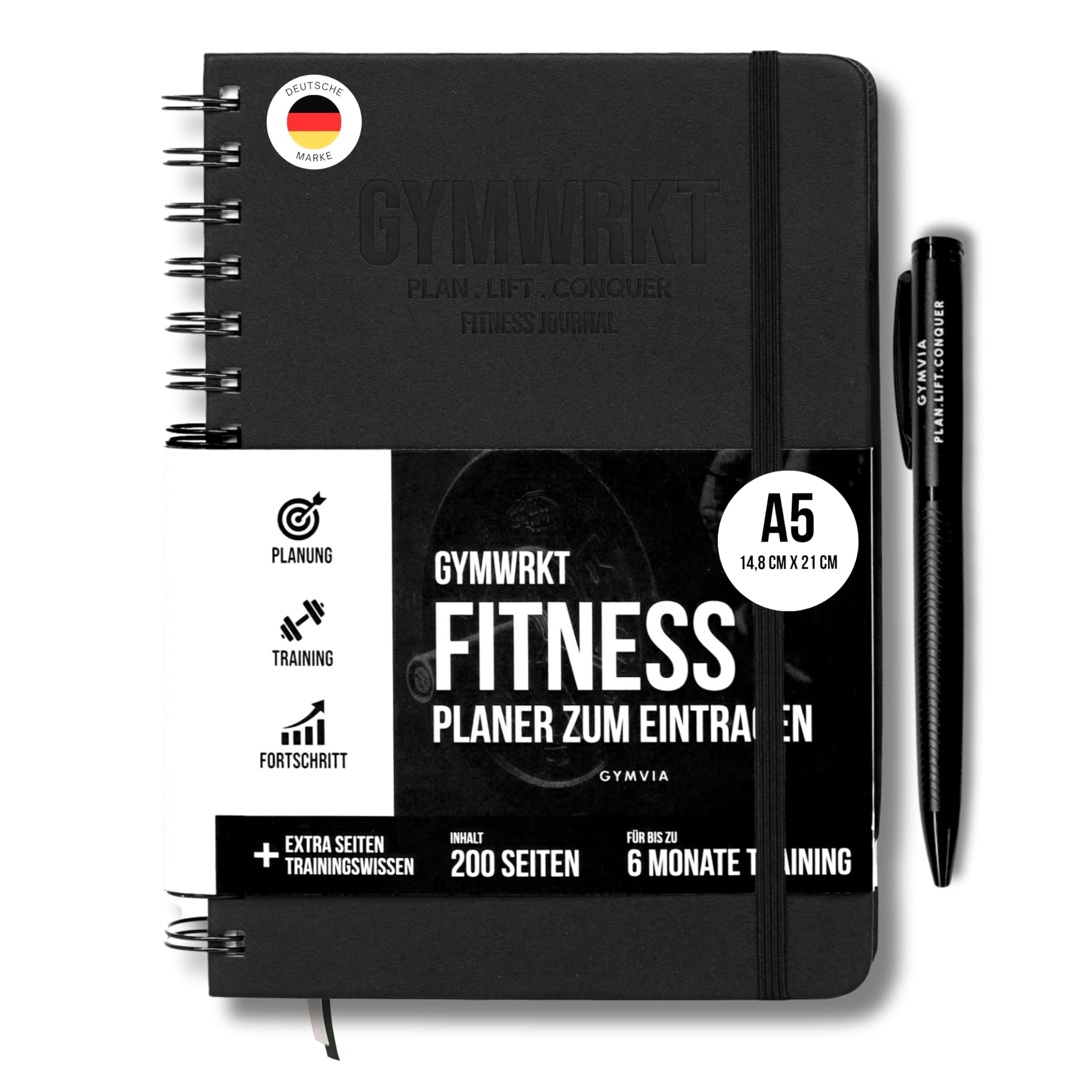 GYMWRKT Premium Training Diary Strength Training German with Pen - A5 - Gym Log Book, Fitness Diary to Fill In - Workout Planner, Fitness Journal for Men & Women - Training Planner