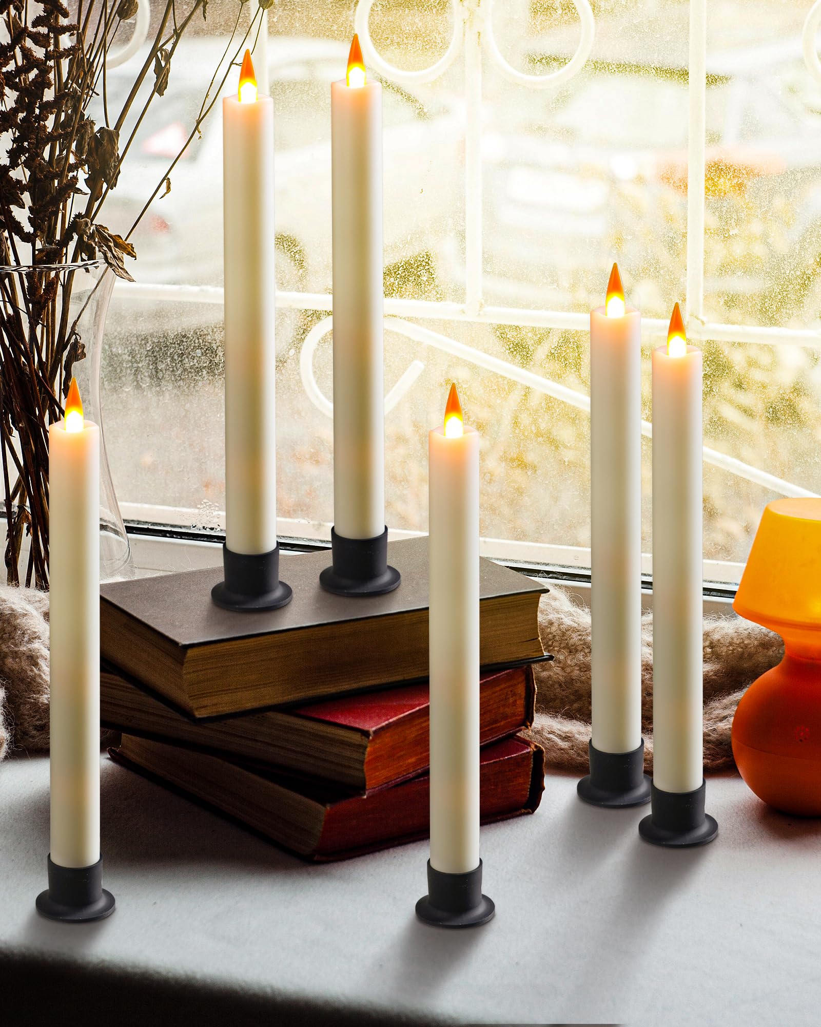 Da by Candela LED con telecomando e timer, candela a LED a cono alimentata a batteria, stoppino dinamico 3D, set di 6, avorio, con 6 basi nere, adatto per casa, matrimonio, decorazione festiva