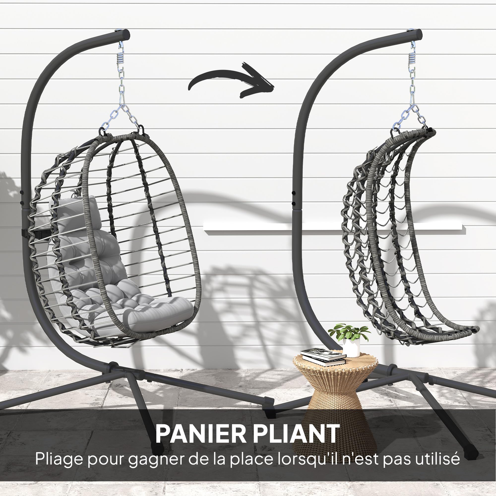 Outsunny Fauteuil Suspendu Pliable en résine tressée avec Support Gris