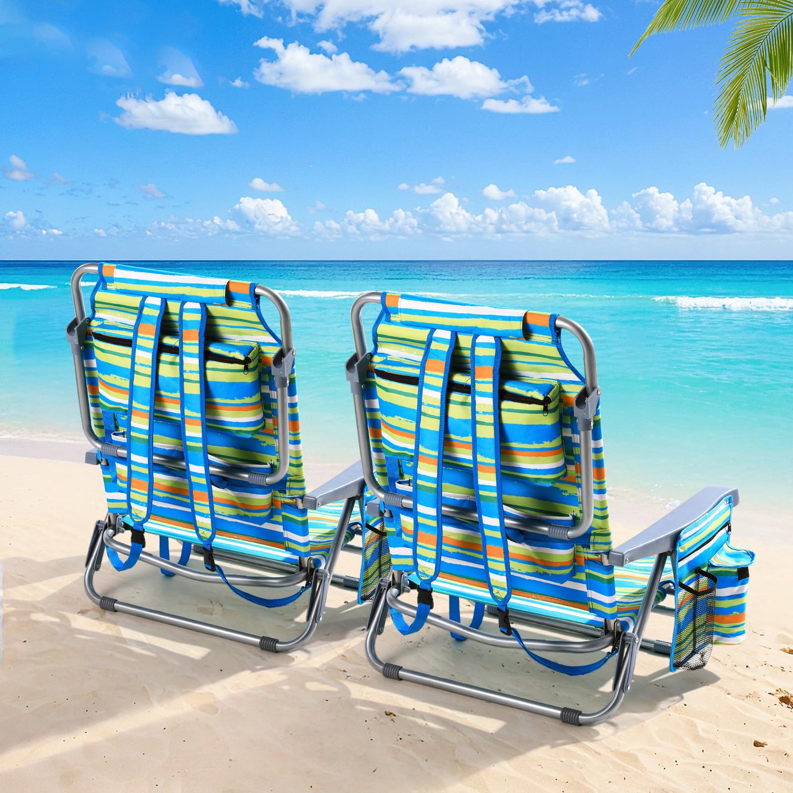 LIFERUN Strandstuhl 2er Set mit Rucksackfunktion, Tragbarer Outdoor Klappstuhl für Sand, Verstellbar Hohe Rückenlehne, mit Armlehne Lendenkissen Kopfstütze Seitentaschen, Campingstuhl Faltbar, Grün