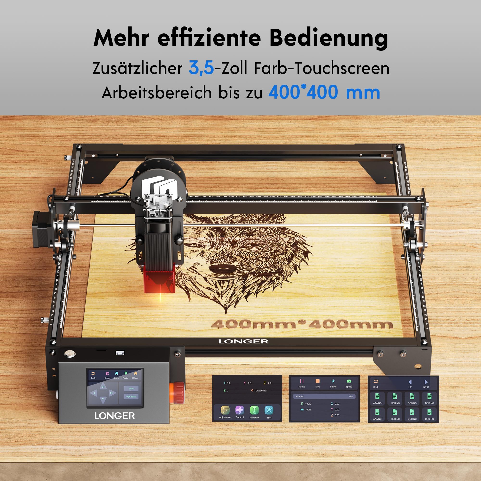 LONGER 5 W Laser Engraving Machine Beginners, 400 × 400 mm, kolorowy ekran dotykowy 3,5", sterowanie aplikacją offline, grawerunek metal/szkło/drewno, idealny dla małych firm