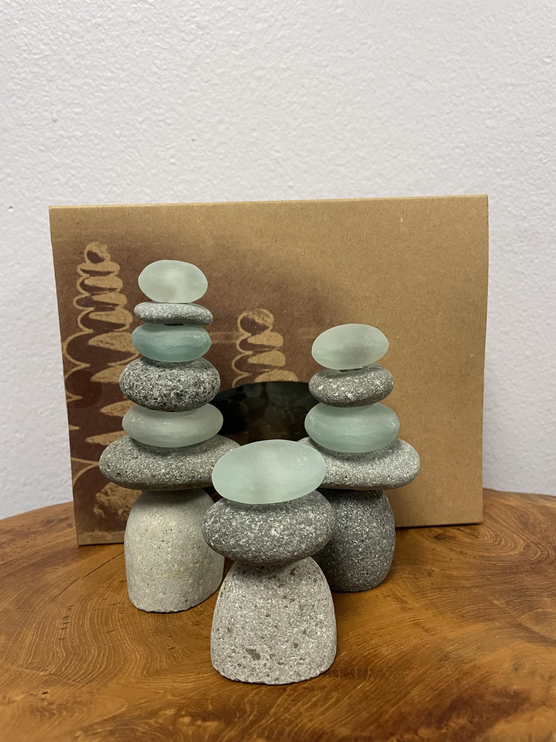 Garden Age Supply Rock and Glass Mini Cairn Sculptures 3 Piece Set - Balanced Rock Stacked Stone Zen Meditation Stone Gift Box Set