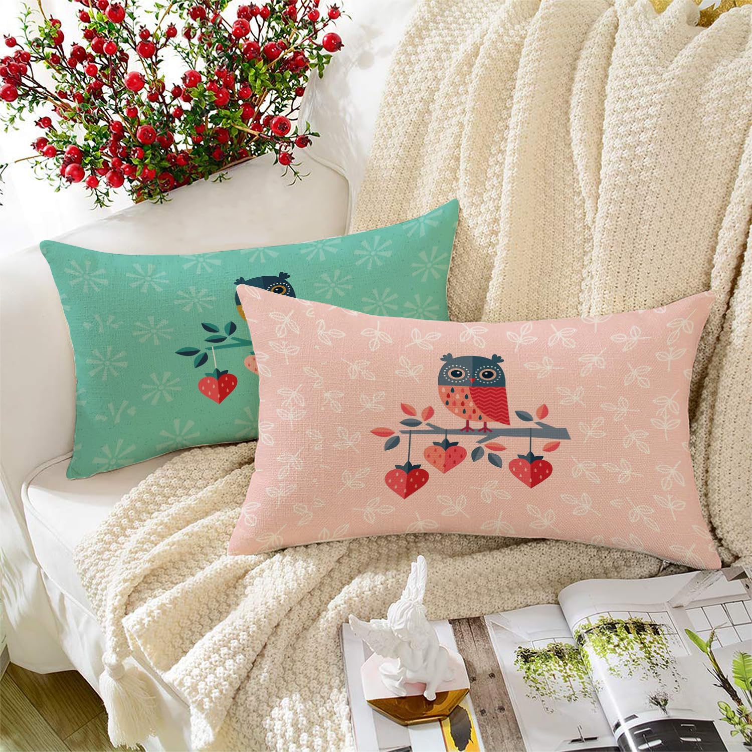 STITCHNEST Set of 2 Polycotton Cushion Covers – 12x18 Inches – Cute Owl & Heart Print in Pink & Teal – Fun and Whimsical Cushion Covers for Kids Room, Sofa & Home Decor
