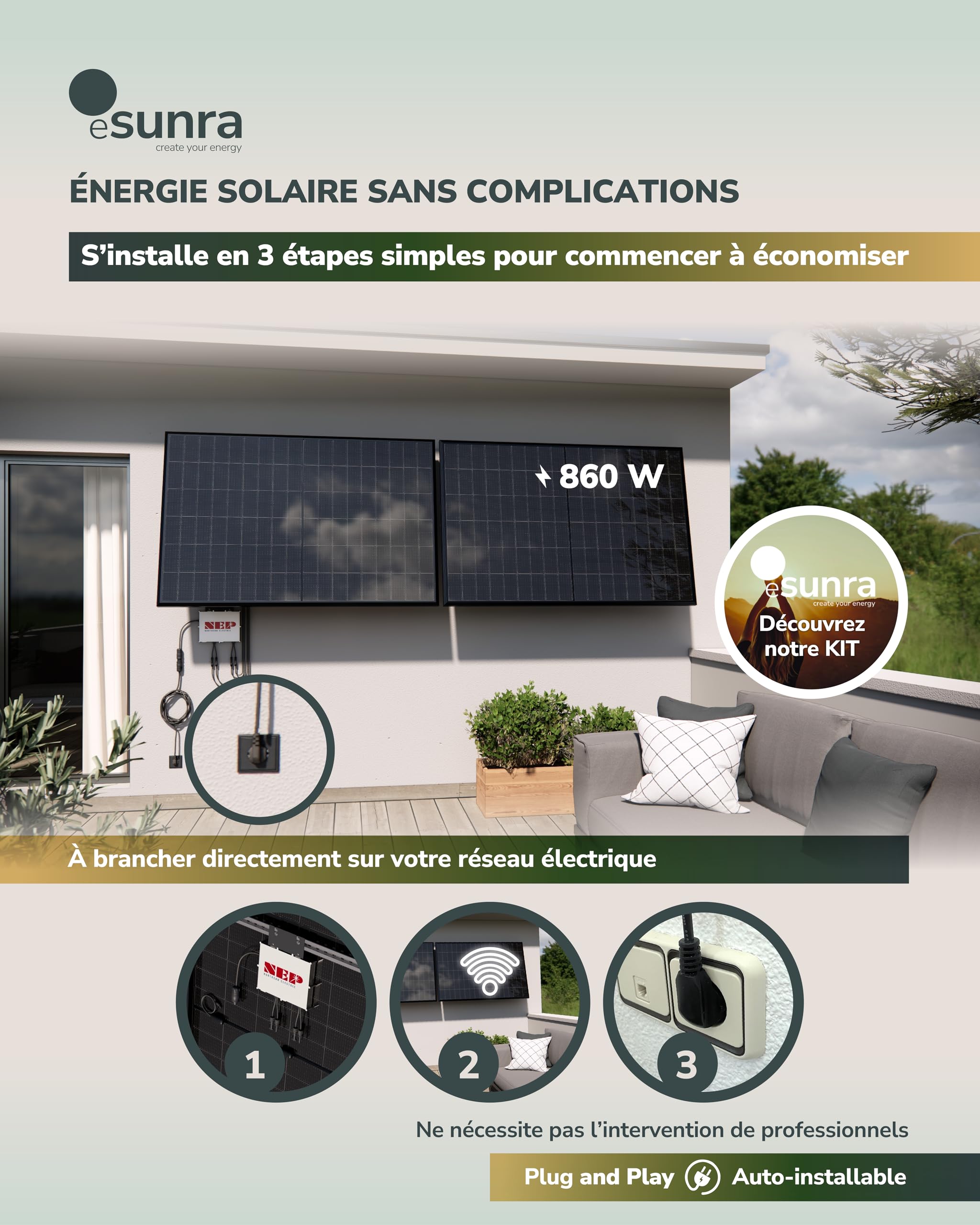 Kit solaire balcon 800W – Plug and Play – 2 panneaux solaires bifaciaux 430W – ALL BLACK – TOPCon – Micro-onduleur NEP BDM800W – Câble de 5 m – Application de surveillance