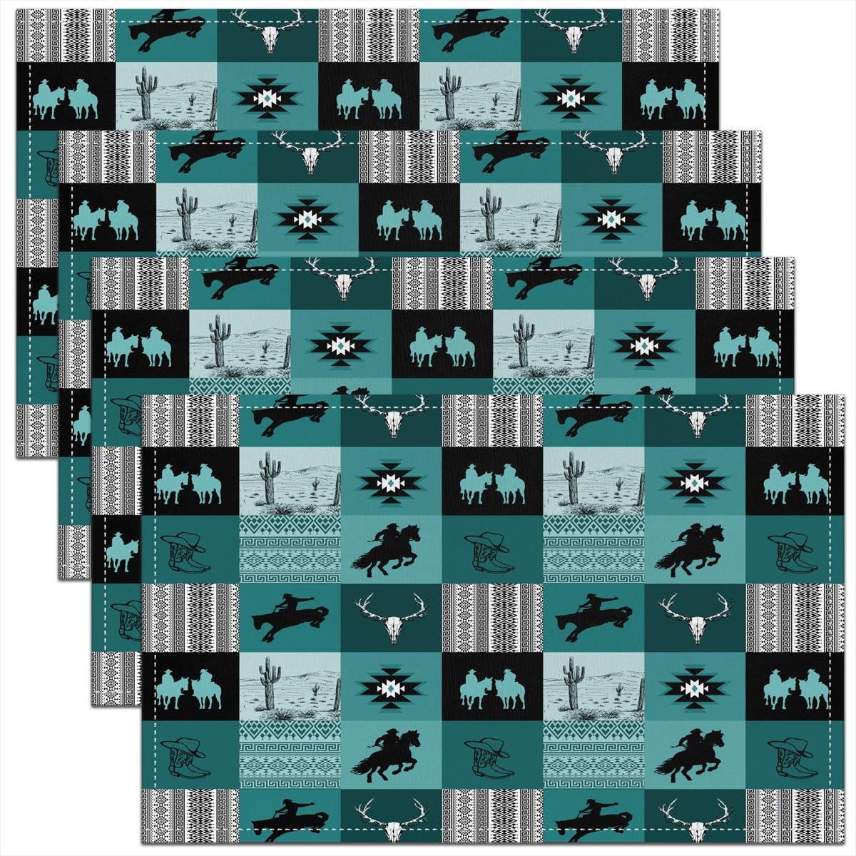 Homemissing Wild West Cowboy Placemats Set of 4 45X30cm Western Horse Table Place Mats, for Boys Girls Teens Rodeo Cowboy Placemat for Kitchen Dining Table Indoor Outdoor Women Men Teal Grey