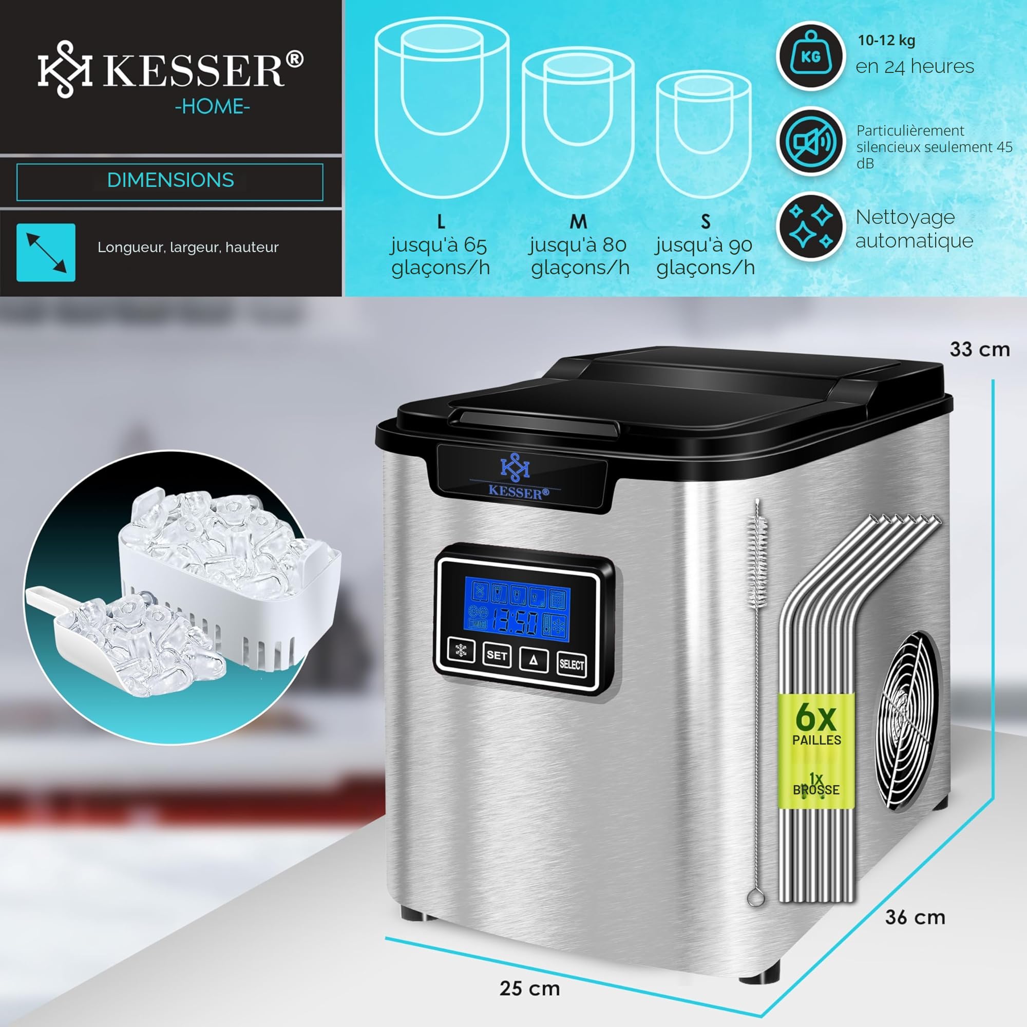 KESSER® Machine à glaçons Acier Inoxydable | Machine à Glace 150 W | 12 kg 24 h | 3 Tailles de glaçons | Préparation en 6 Min | Réservoir d'eau de 2,2 litres
