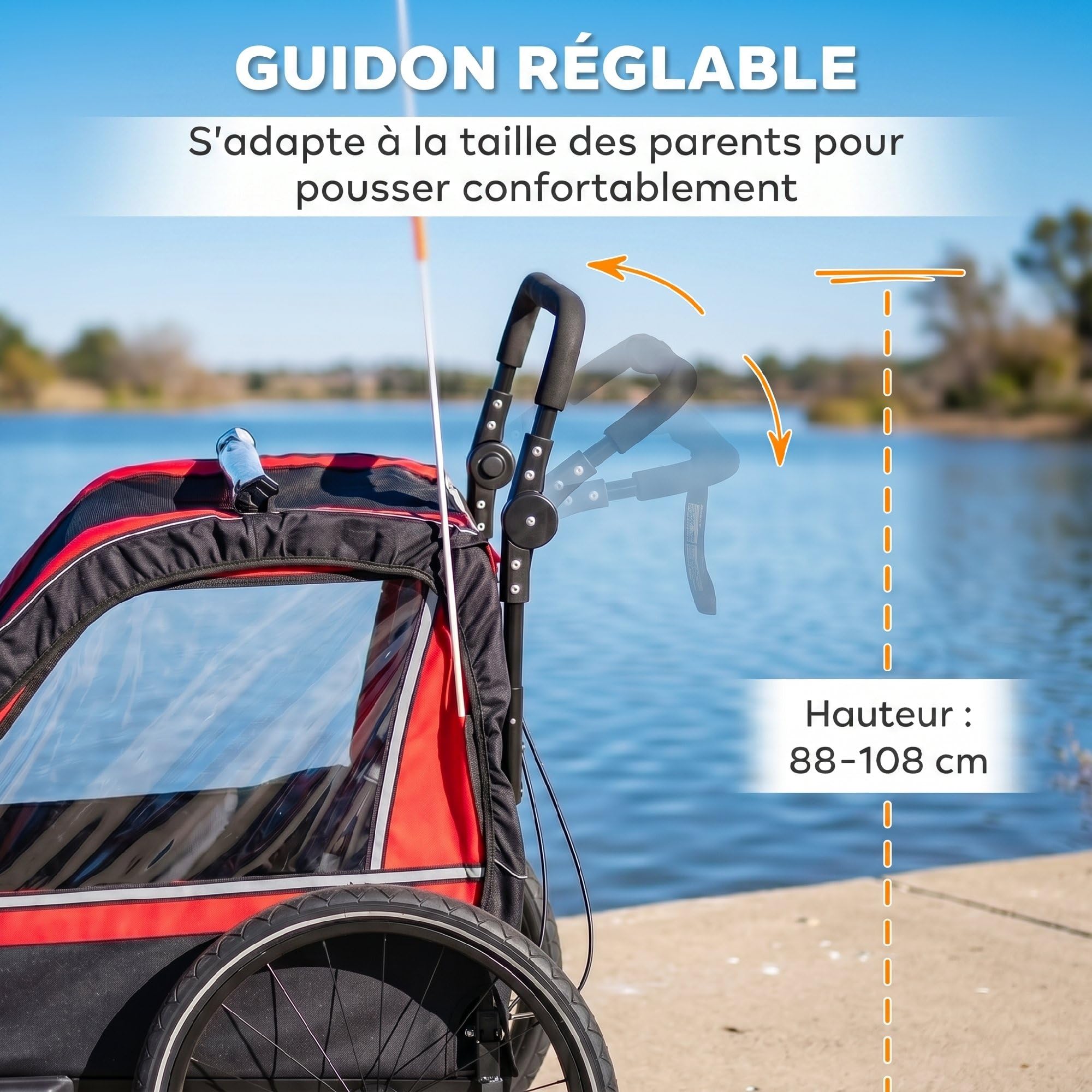 AIYAPLAY Remorque vélo Enfant 2 Places 2 en 1, Poussette vélo bébé avec Guidon réglable, Frein à Main, Ceinture de sécurité 5 Points, Fanion de sécurité, attelage Universel, jusqu'à 38 kg, Rouge