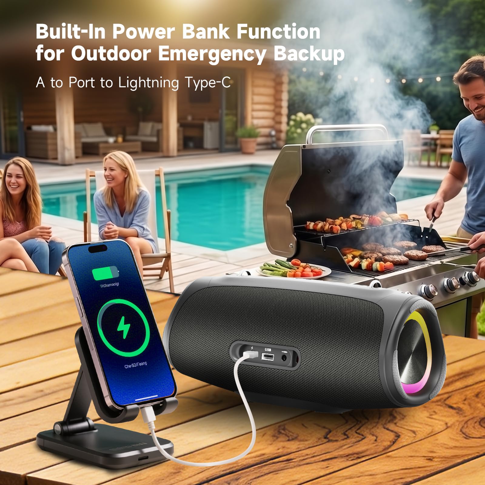 TAZATA Altoparlante Bluetooth portatile per esterni, subwoofer da 90 W, 100 + accoppiamento altoparlanti, BassUp 2.0, impermeabile IPX7, galleggiante, Bluetooth 5.3, luci RGB, 6 equalizzatori
