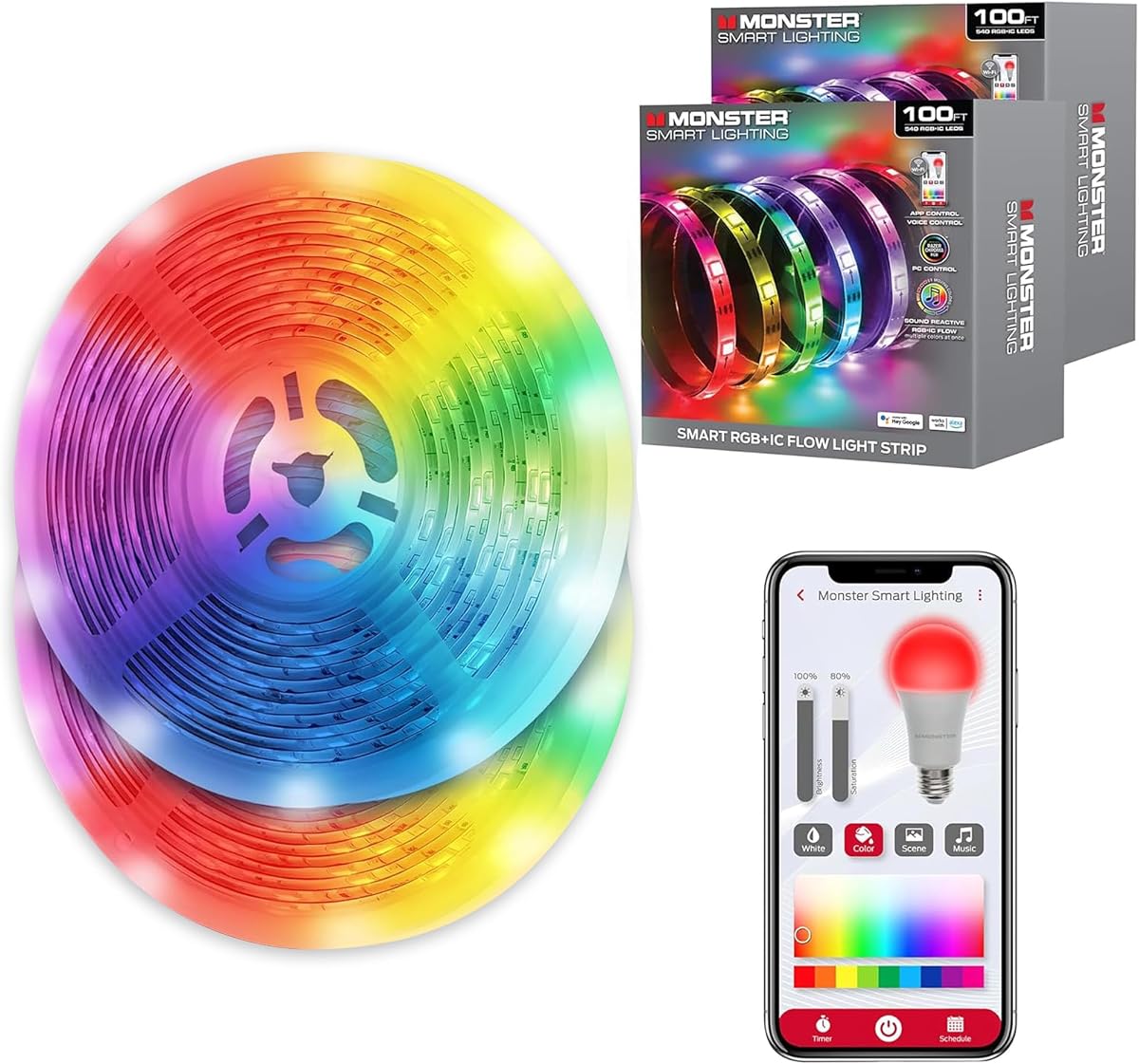 Monster Smart RGB+IC LED Strip Lights 200ft – Sound Reactive Strip Lights for Bedroom, App & Voice Control, RGB Light Strip for Room, Alexa Google Home, Razer Chroma Sync - 1080 RGB+IC LED Lights
