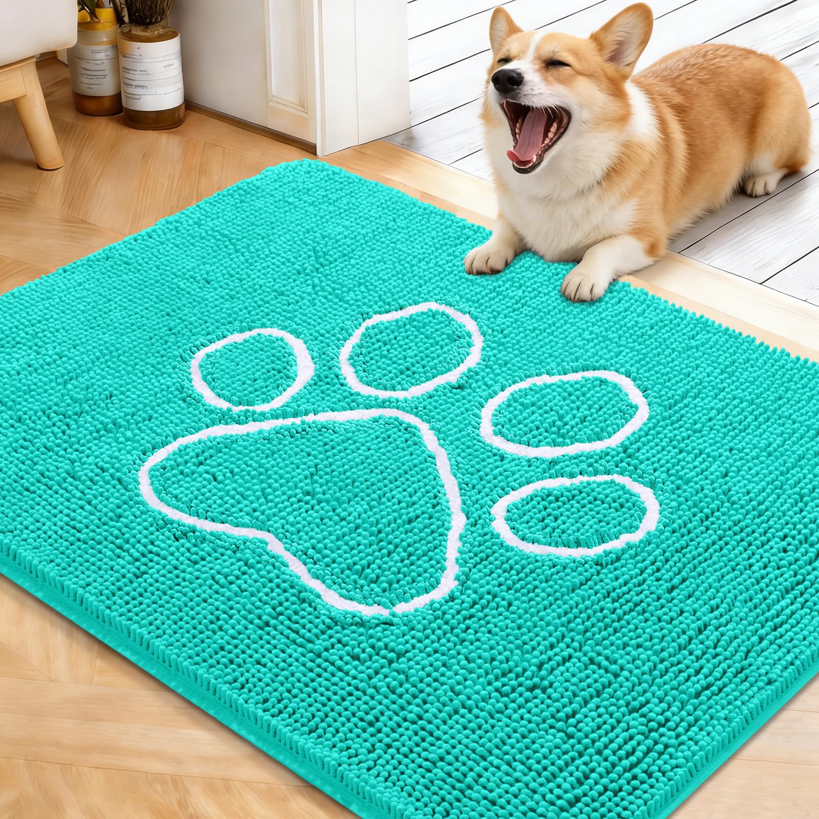 OLANLY Dog Door Mat for Muddy Paws 40x32, Paw Print Design Chenille Mud Mat