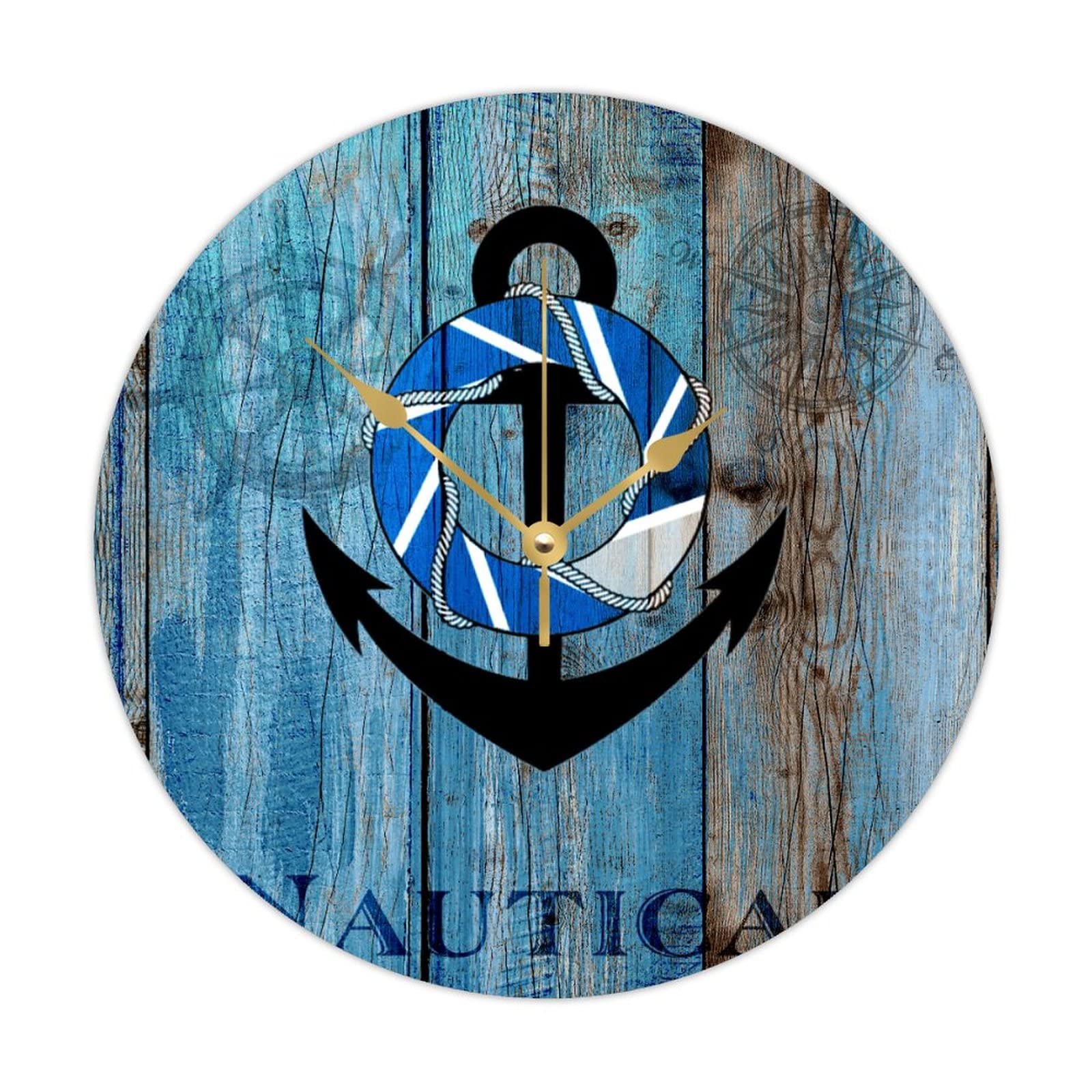 Horloge murale cuisine et salon bois theme bord de mer bleu ocean 38 cm