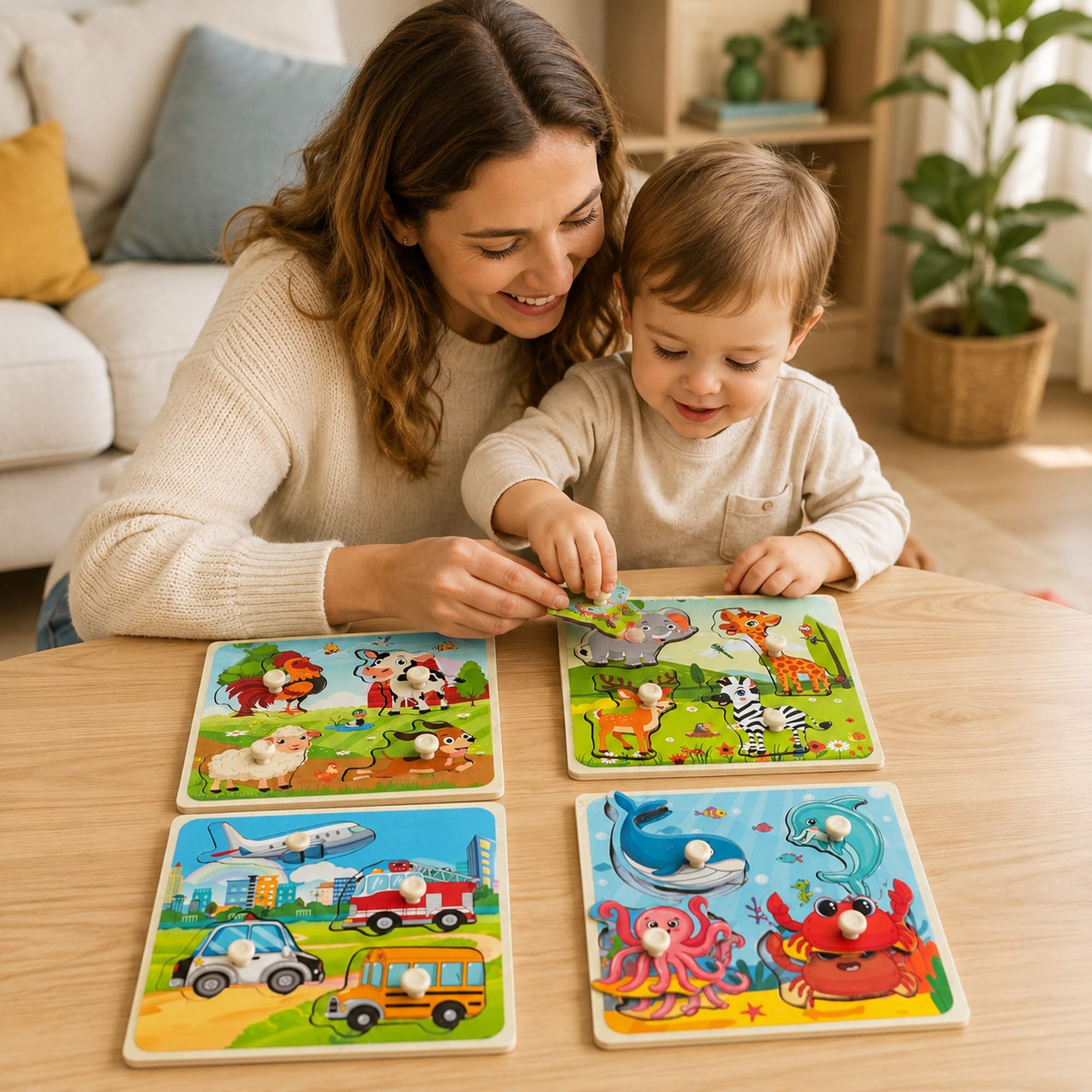 Wooden Peg Puzzle Set for Toddlers, 4 Pack Animal Vehicle Ocean Farm Puzzles, Montessori Wooden Puzzles for Ages 2-4, Preschool Learning Toys for Fine Motor Skills, Gifts for Boys Girls 1 2 3 4