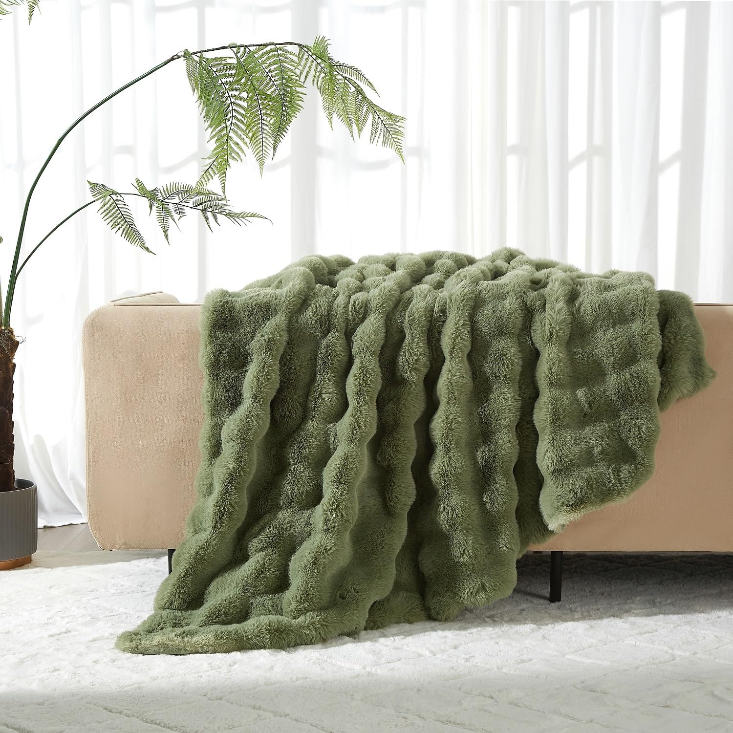 Luofanfei Plüsch Kuschelige Kuscheldecke Wohndecke 180x200 Grün Salbeigrün Samt Bubble Decke Warme Flauschige Fleecedecke Bettüberwurf Couchdecke Tagesdecke Sofadecke Blanket Für Schlafzimmer Büro