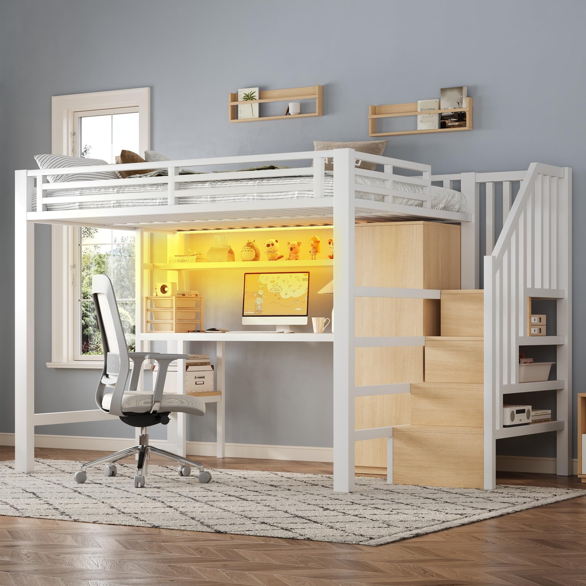 Letto a soppalco in metallo 140x200 con scrivania, mensola, armadio e scaletta contenitore, letto singolo con LED,bianco(Senza Materasso)