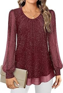 Gemulate Women's Blouses Ladies Long Sleeve Tops Chiffon Tops for Women UK Crew Neck Pleated Front Loose Fit Ladies Top Flowy Double Layered Mesh Shirts M-3XL