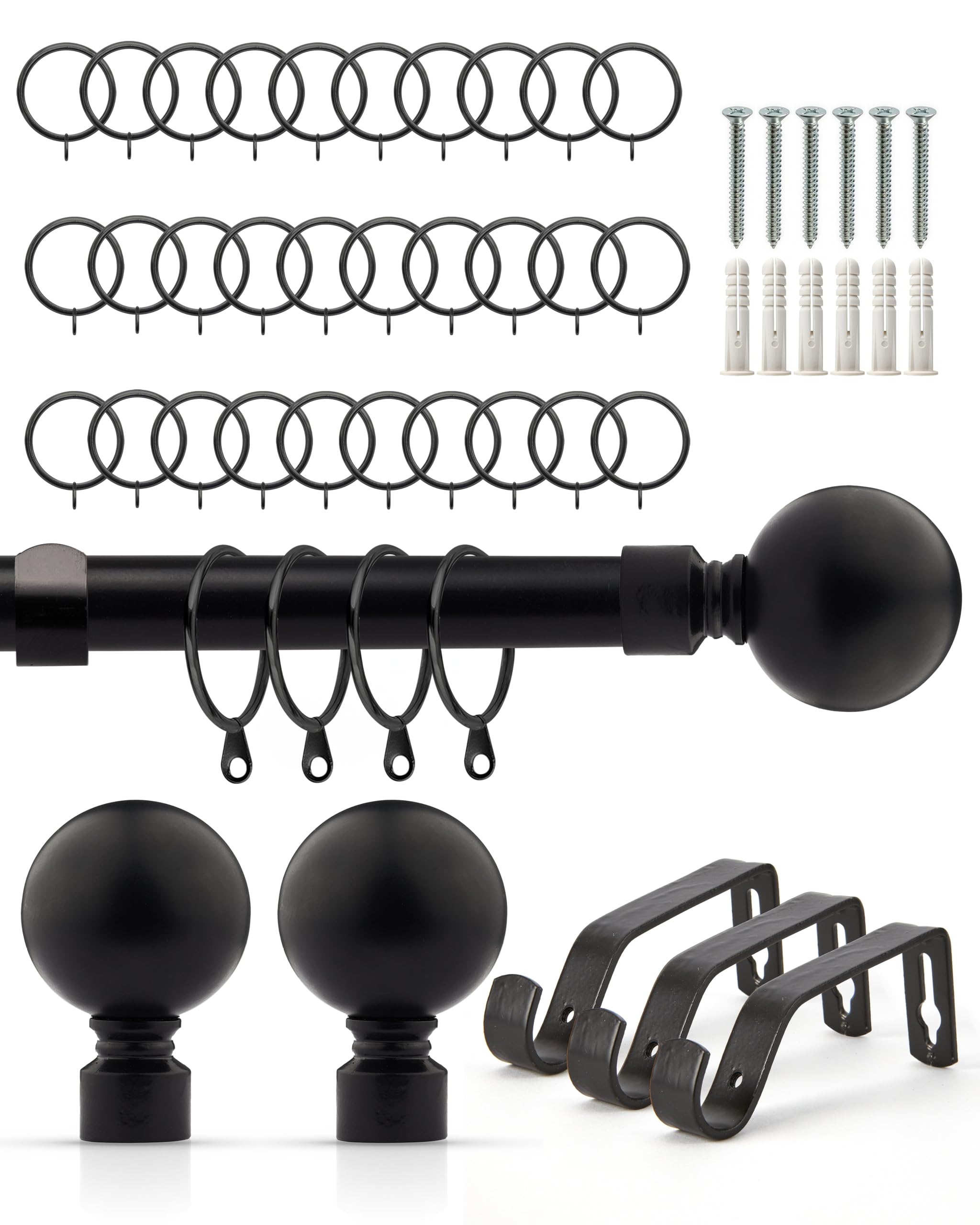 Emma Barclay Extendable Curtain Pole With Finials Rings Brackets & Fittings Sets 16-19mm in Matt Black Metal Curtain Poles For Eyelet Curtains Rod - Ball Collection 1.6m - 3m Matt Black