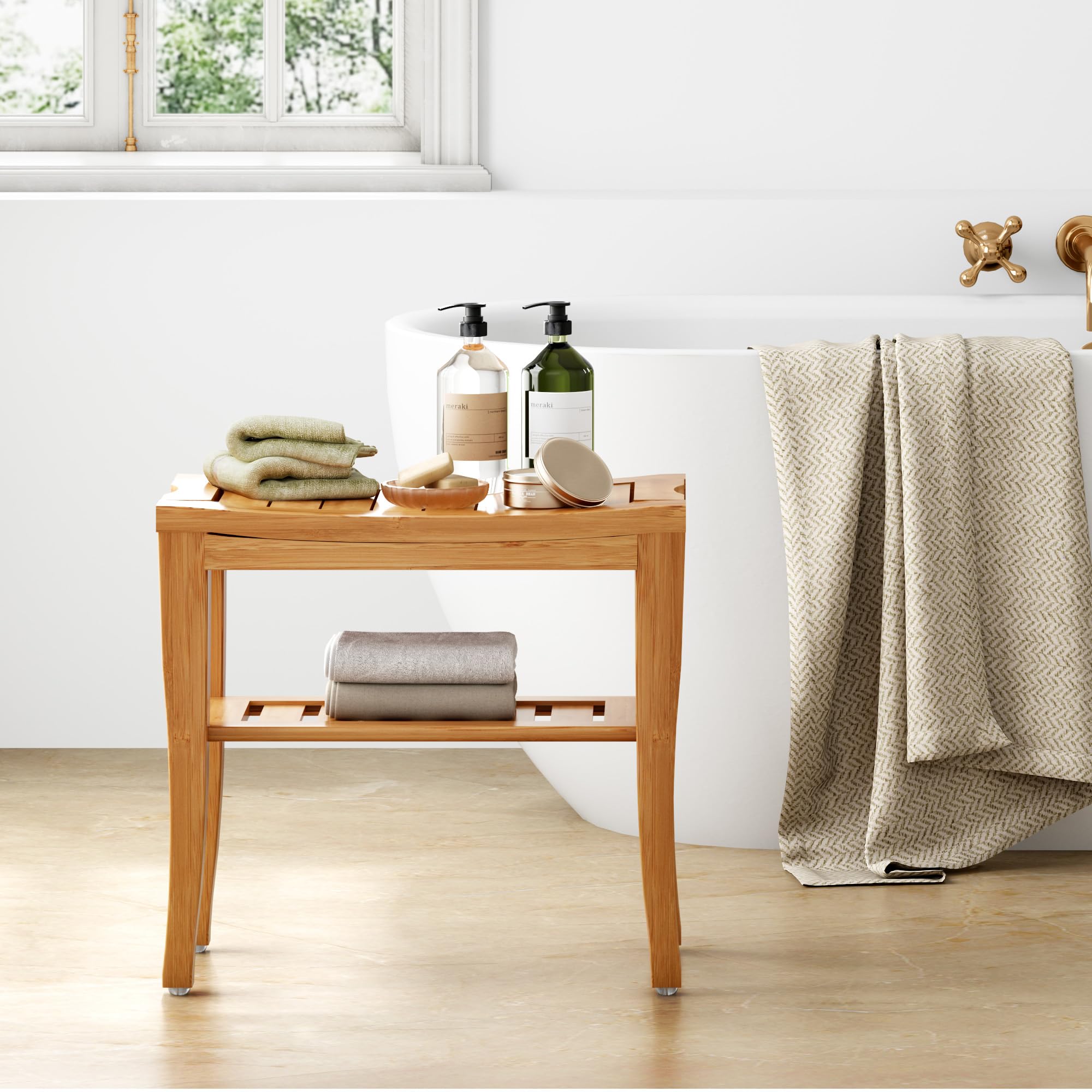 SDHYL Tabouret de Douche en Bambou Tabouret de Bain avec Étagère de Rangement Siège de Douche/Baignoire pour Salle de Bain