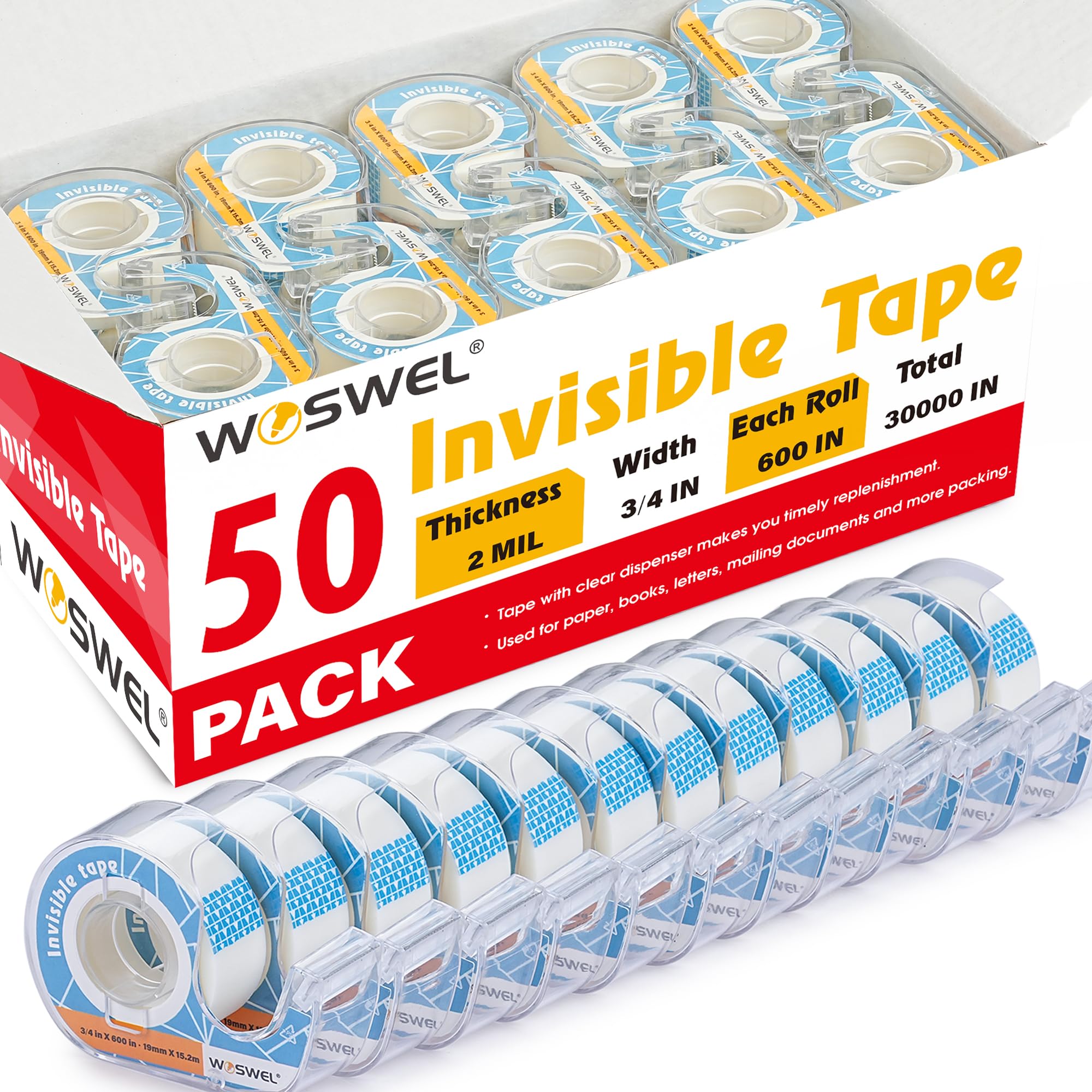 WOSWEL Klebeband-Nachfüllpackungen mit Spender, 50 Rollen, unsichtbare Klebebänder, 1,9 cm x 1,524 cm, Geschenkverpackungsbänder, Lieferant für Zuhause, Schule, Büro
