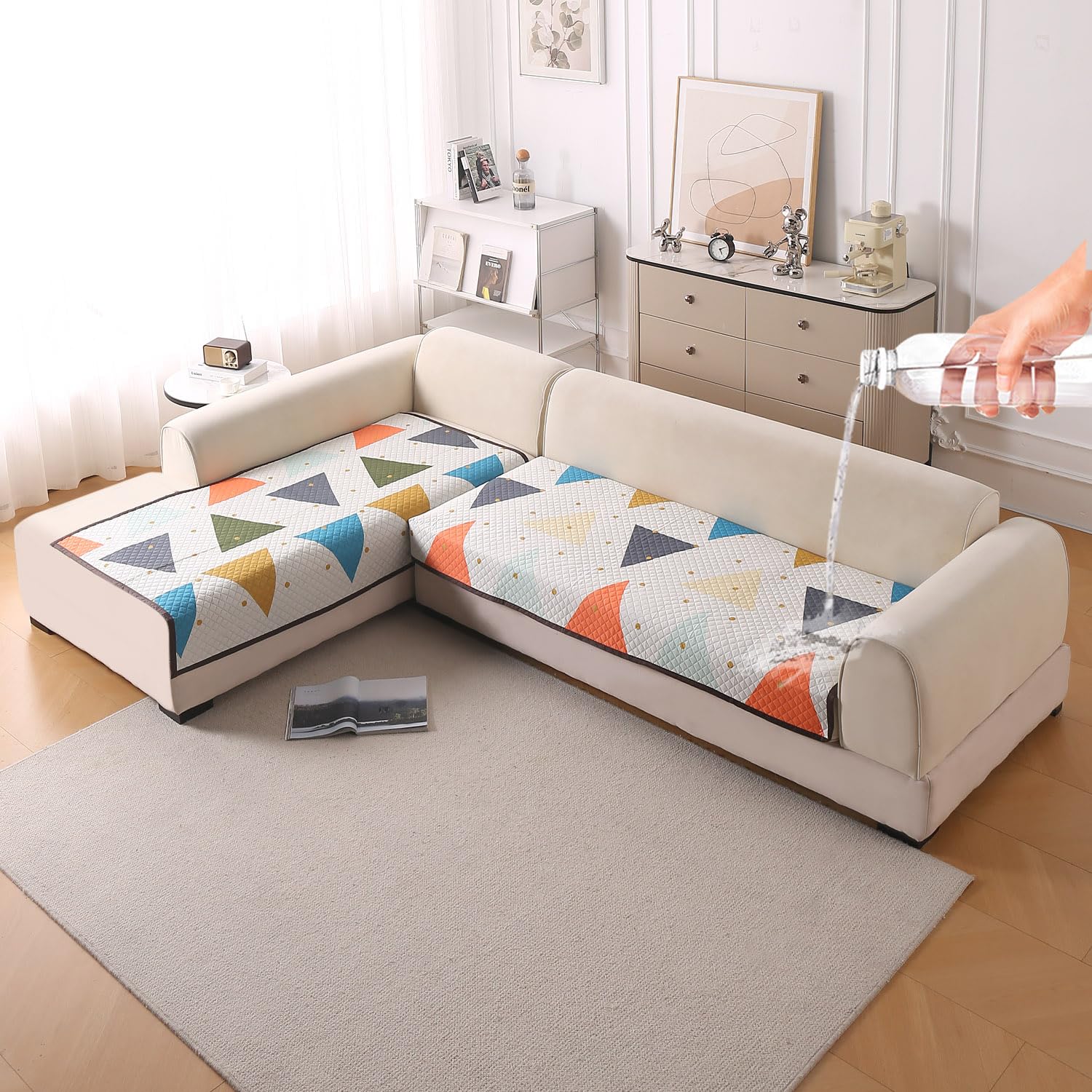 HOKIPO 'ShieldQuilt' 100% Leakproof L Shape (3+2 Seater) Printed Quilted Sofa Cover Seat Mat | Modern Triangle (IN-864+866-D2)-image-17