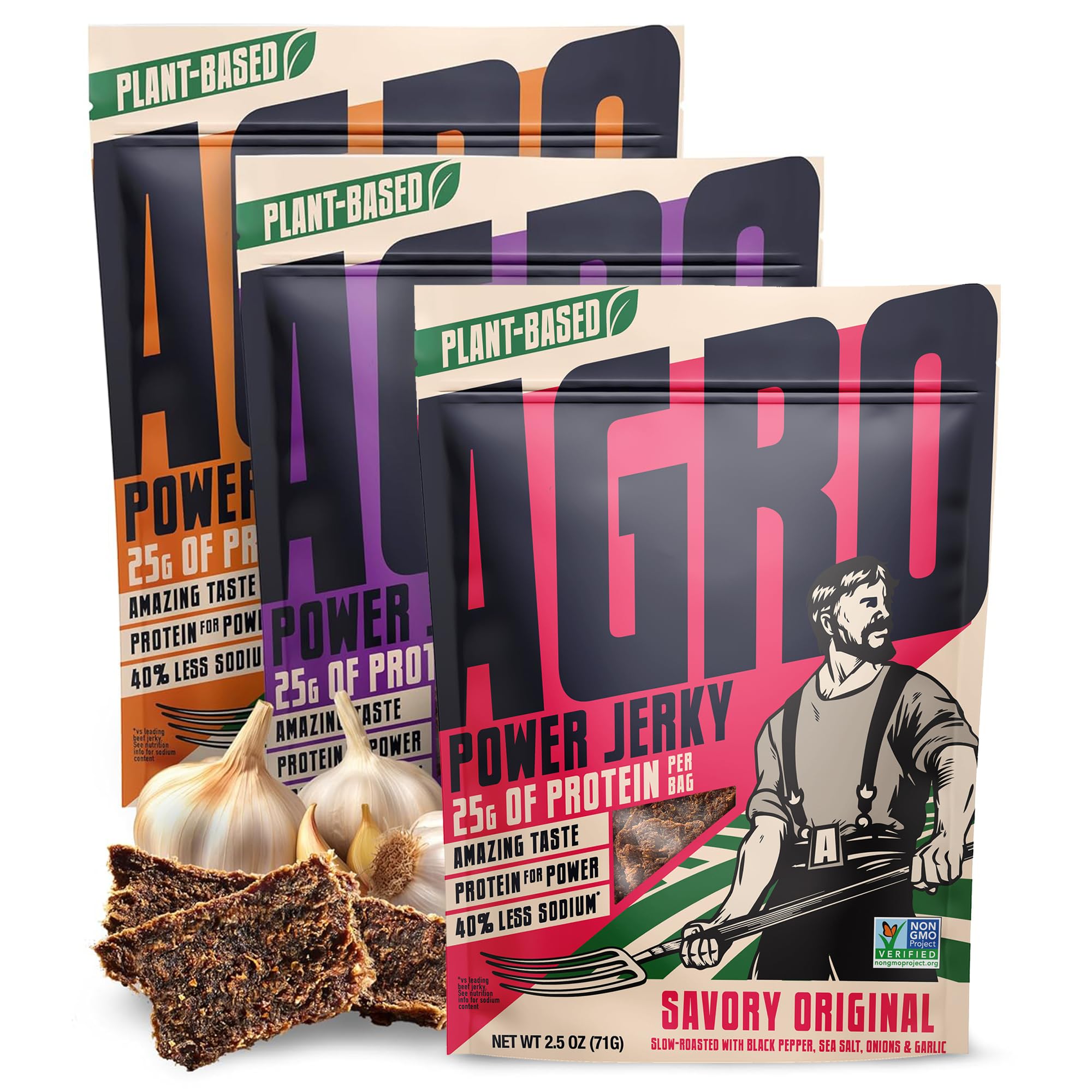 AGRO POWER Vegan Jerky Variety Pack, Savory Original, Texas BBQ, Grilled Teriyaki Plant-Based Jerky, Non-GMO, High Protein, 40% Less Sodium, Zero Cholesterol, Meatless Vegetarian Healthy Snack, 3 Pack