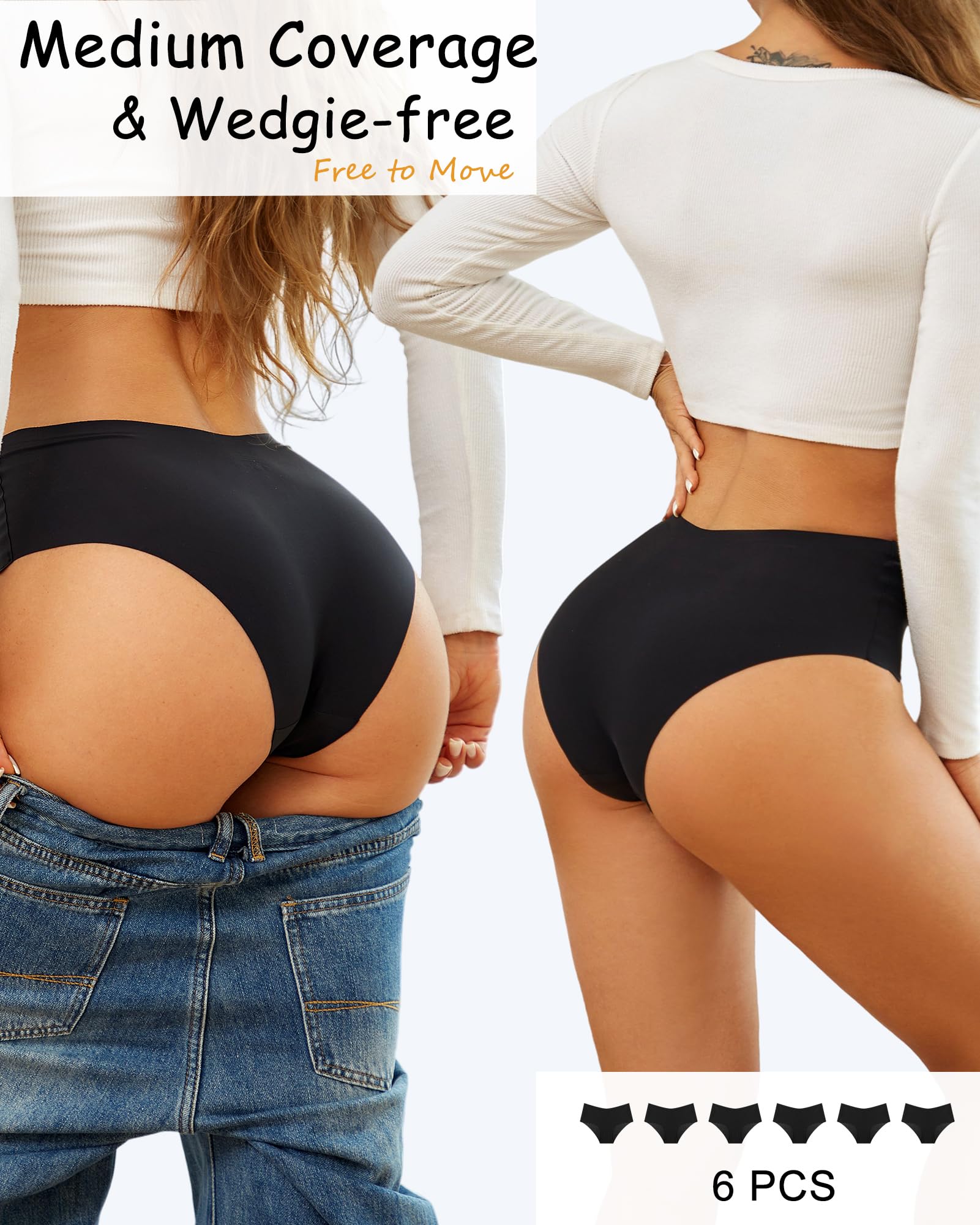Sth Big High Waisted Seamless Underwear for Women No Show Panties Cheeky Scalloped Edge Bikini Breathable Briefs 6 Pack: Black+beige 3X-Large