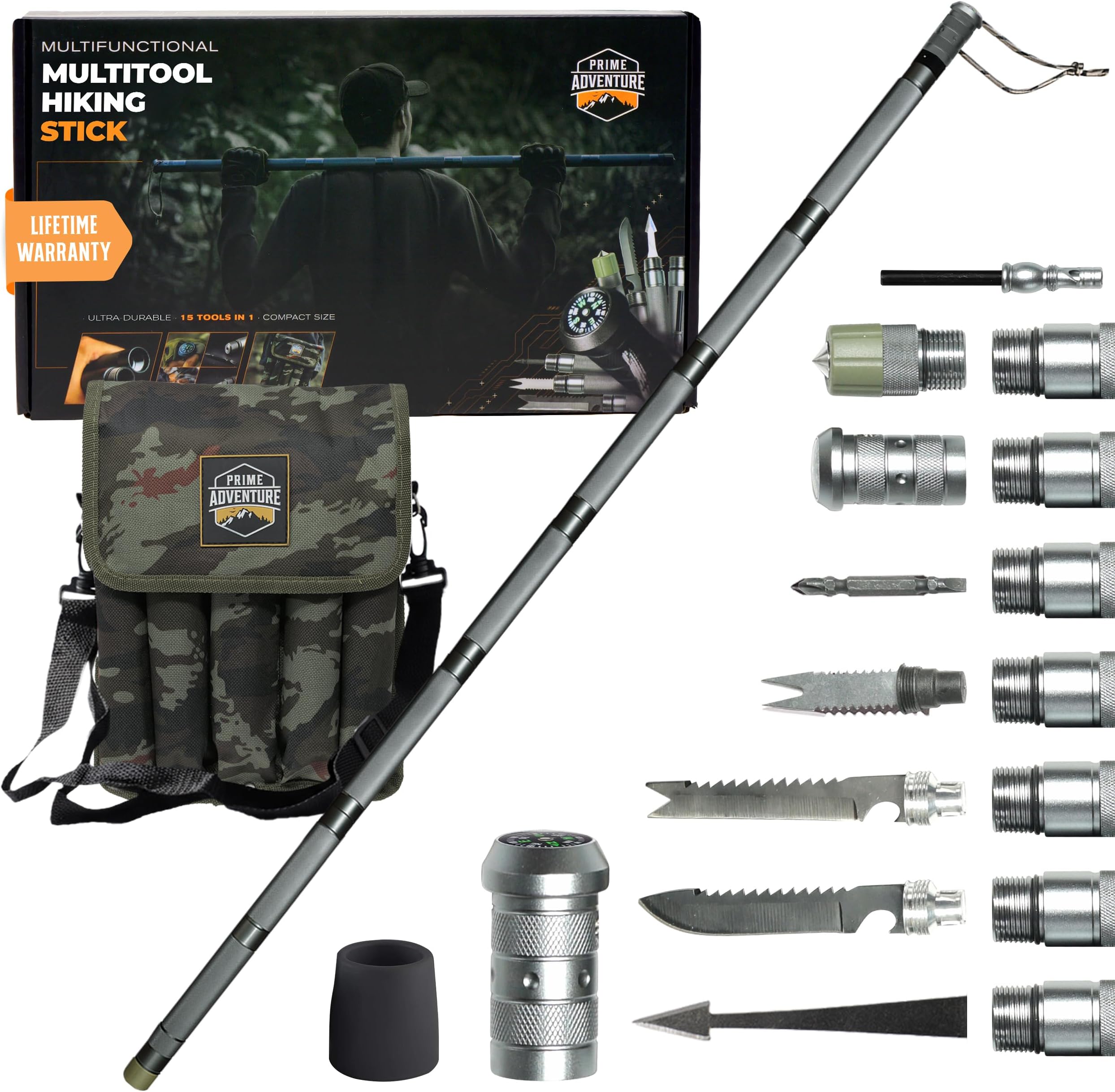 Prime Adventure Hiking Stick Walking Staff - Outdoor Trekking Pole Collapsible Retractable Premium 15 in 1 Multifunctional Tool | 8 Tubes, Gun Gray