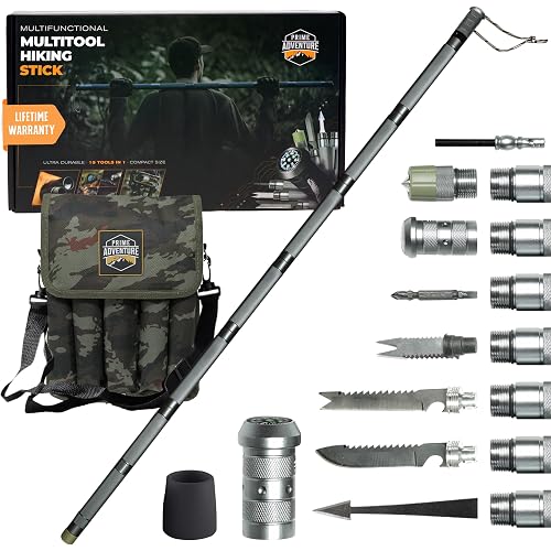 Prime Adventure 15-in-1 Tactical Survival Walking Stick & Hiking Staff – Heavy-Duty Collapsible Multitool for Camping, Hiking & Outdoor Survival Gear (8 Tubes, Premium Build)