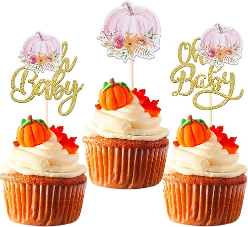 Rsstarxi Paquete de 24 adornos para cupcakes de calabaza Oh Baby para revelación de género, decoraciones de pasteles de baby shower, decoración para