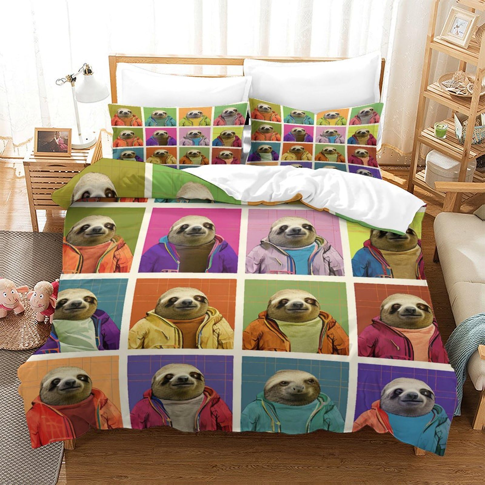 P1S9U7W5Y Vibrant Sloth 3D Printed Duvet Cover Set 3pcs Microfiber Sloth Bedding Set Double