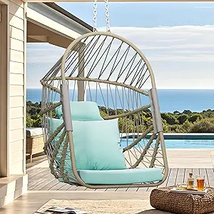 DWVO Foldable Hanging Egg Chair with Cushion, Rattan Wicker Swing Chair Without Stand, 350lbs Capacity, Indoor Outdoor Basket Seat for Balcony, Bedroom, Porch, Garden (Sky Blue)