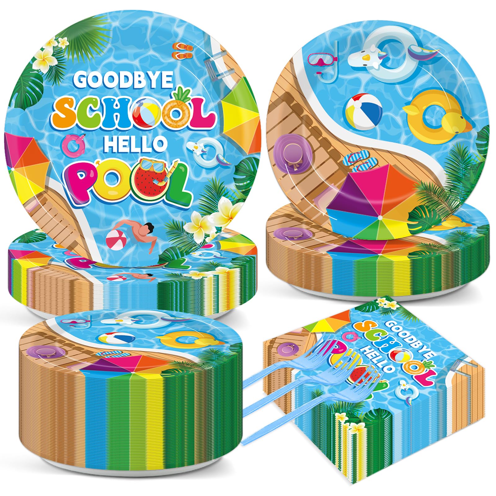 200pcs Goodbye School Hello Pool Plates Napkins End of School Year Party Tableware Set School's Out Disposable Decoration Summer Pool Dessert Plates Serve 50 Guests for Birthday Party Supplies