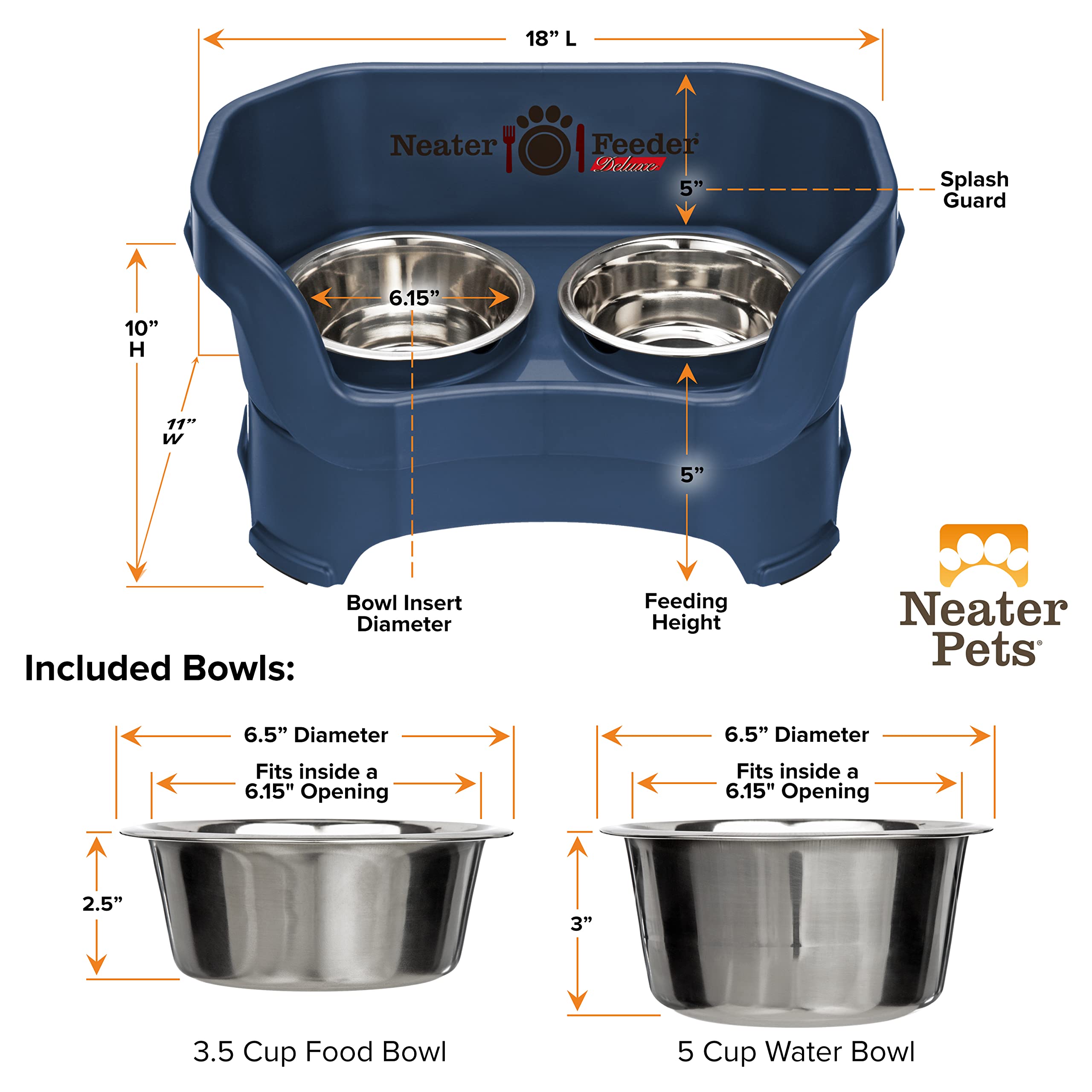 Neater Feeder - Ciotole per cani a prova di disordine (M, blu scuro) - Made in USA - rialzate, senza fuoriuscite, anti-ribaltamento, antiscivolo, rialzate, in acciaio inox per cibo e acqua