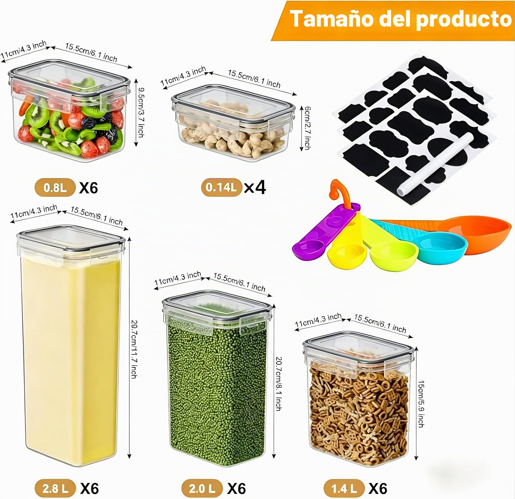 28 Piezas Recipientes Herméticos para Alimentos, Botes Almacenaje Cocina - Recipientes para Alimentos Sellados de Plástico para Cereales, Harina, Golosinas para Mascotas