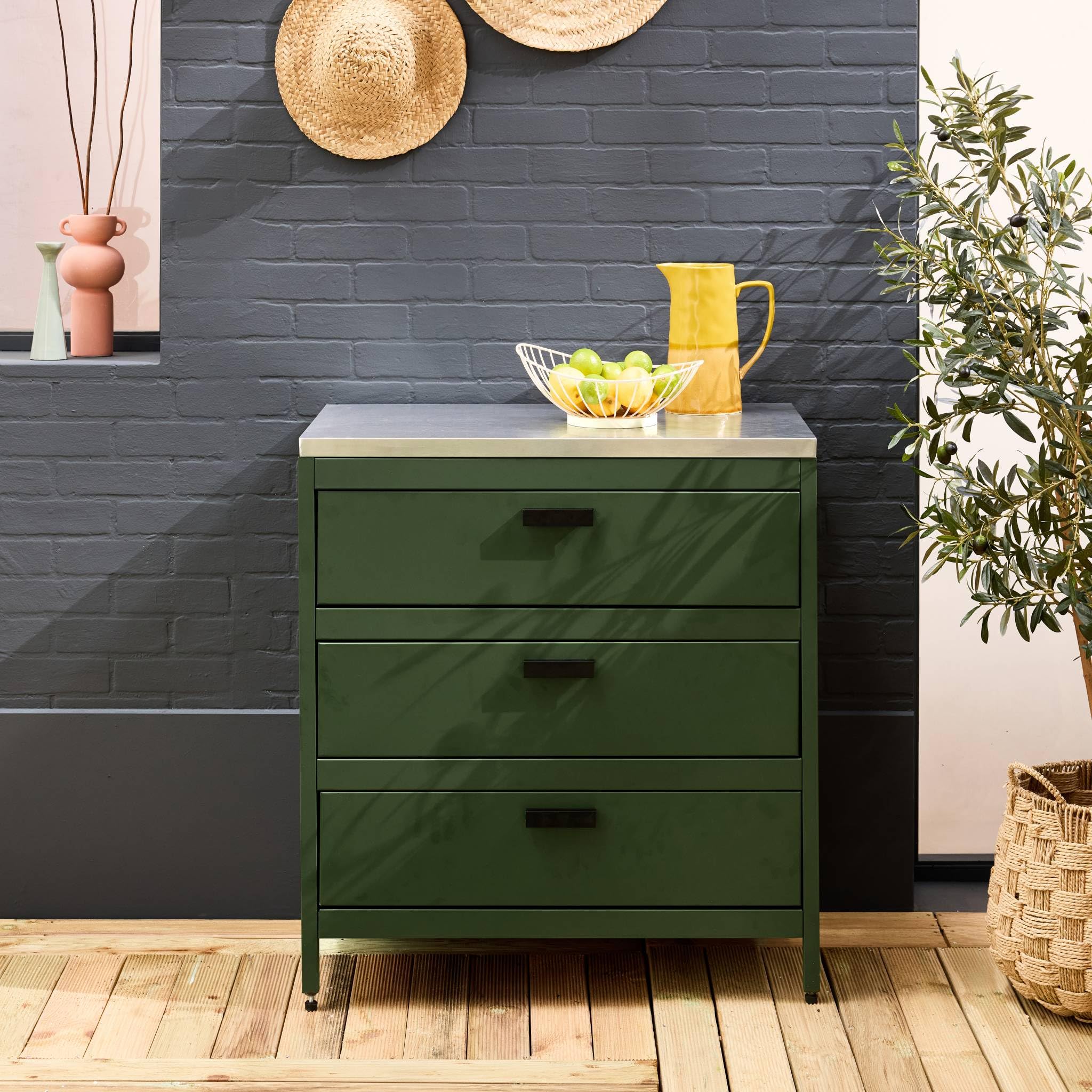 sweeek-Módulo cocina exterior de acero 3 cajones, 80cm, Naxos, Verde, 80x51x87.5 cm