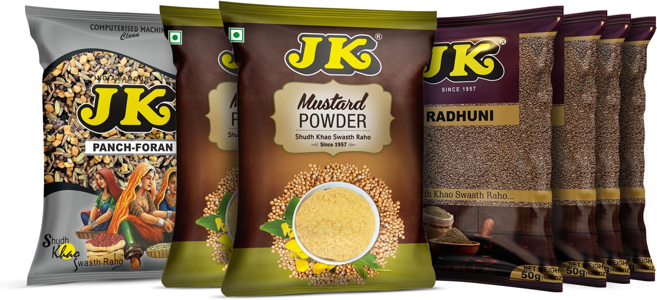 JK Mustard Powder 100G *2 + RADHUNI 50G * 4 + Panch FORAN 100G