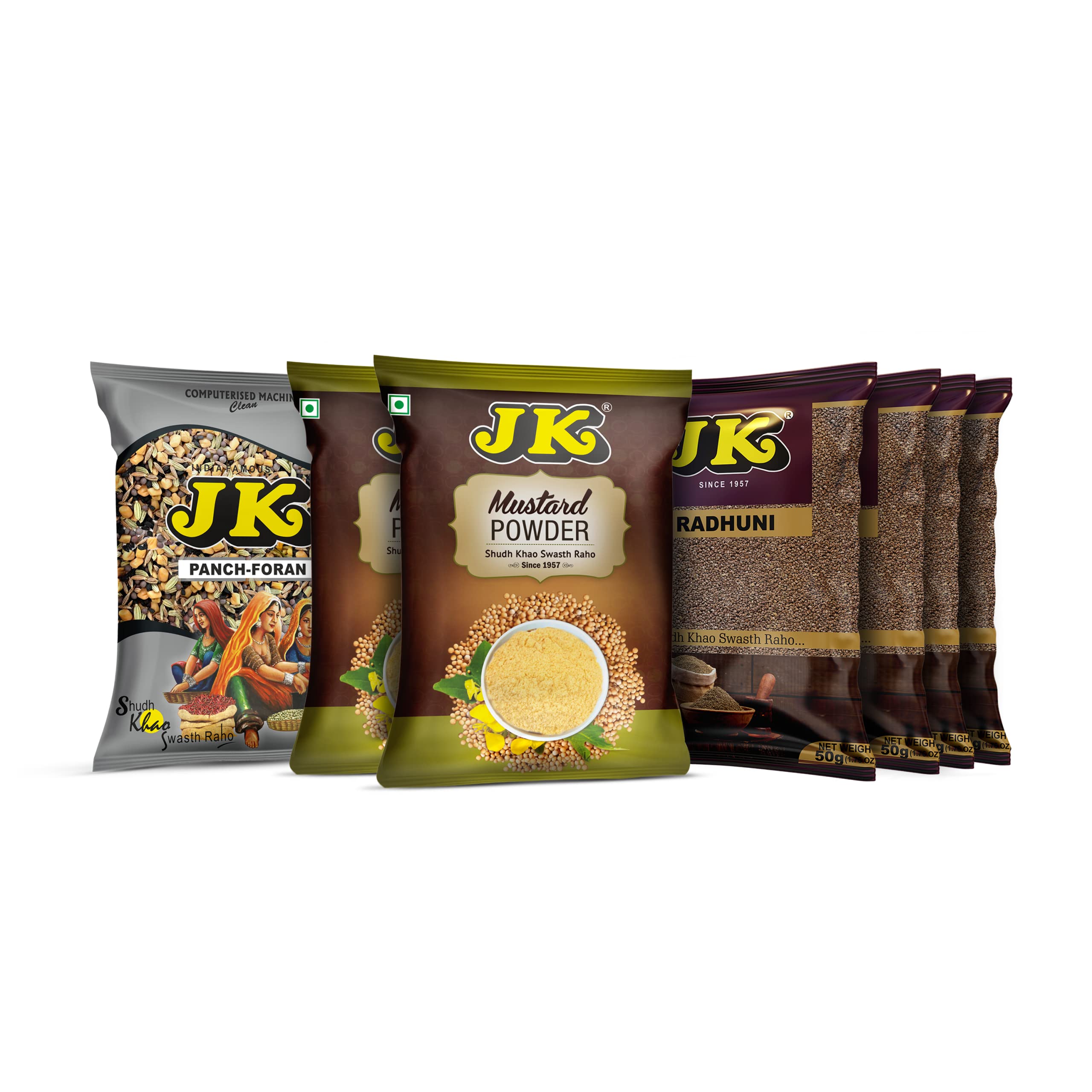 JK Mustard Powder 100g 2 + RADHUNI 50g 4 + Panch Foran 100g | Premium Spices for Authentic Indian Flavors