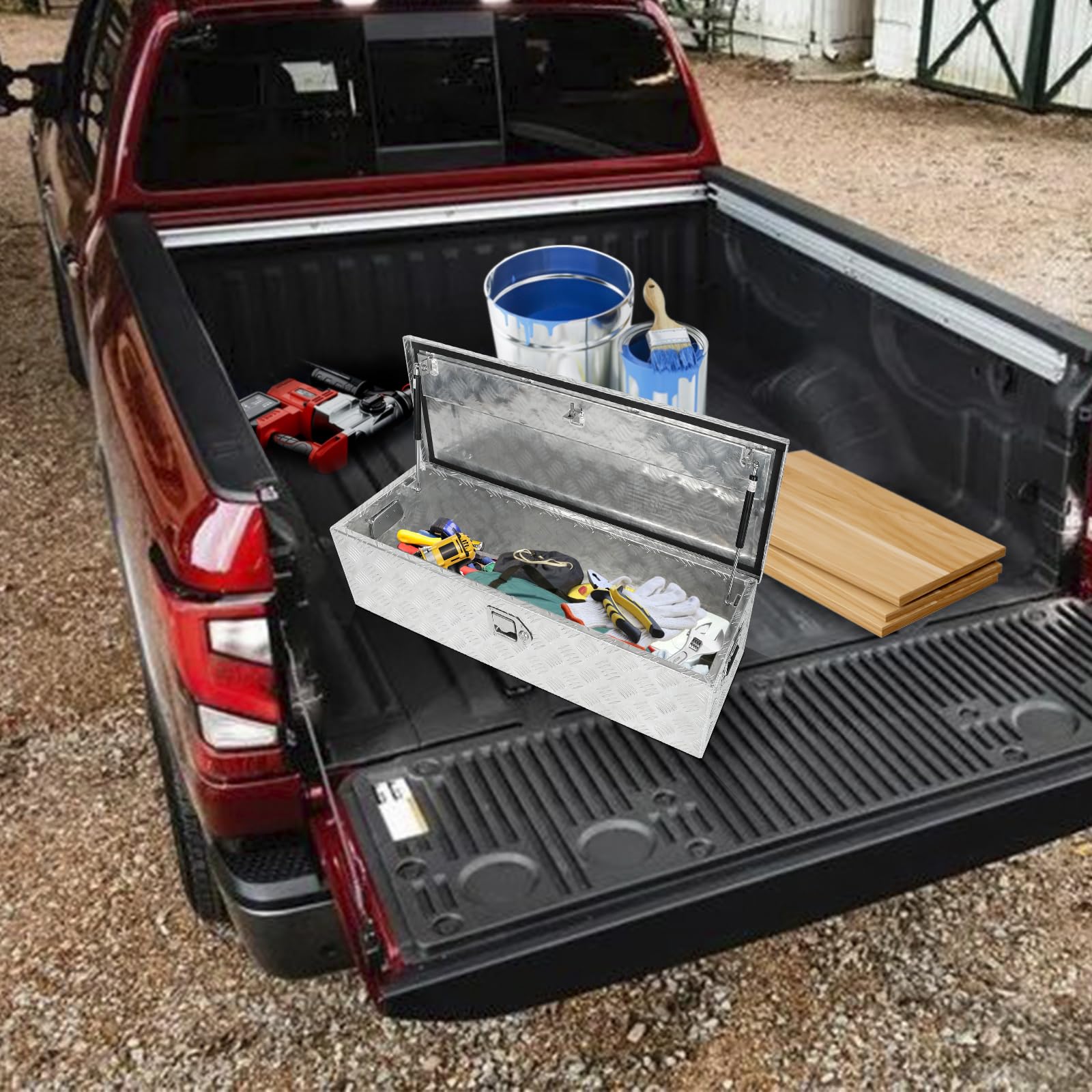 Cassetta degli attrezzi per camion da 99 cm, in alluminio resistente, placcata a strisce, impermeabile, per camper, rimorchi, con maniglia laterale e chiavi di blocco, 99 x 33 x 25 cm